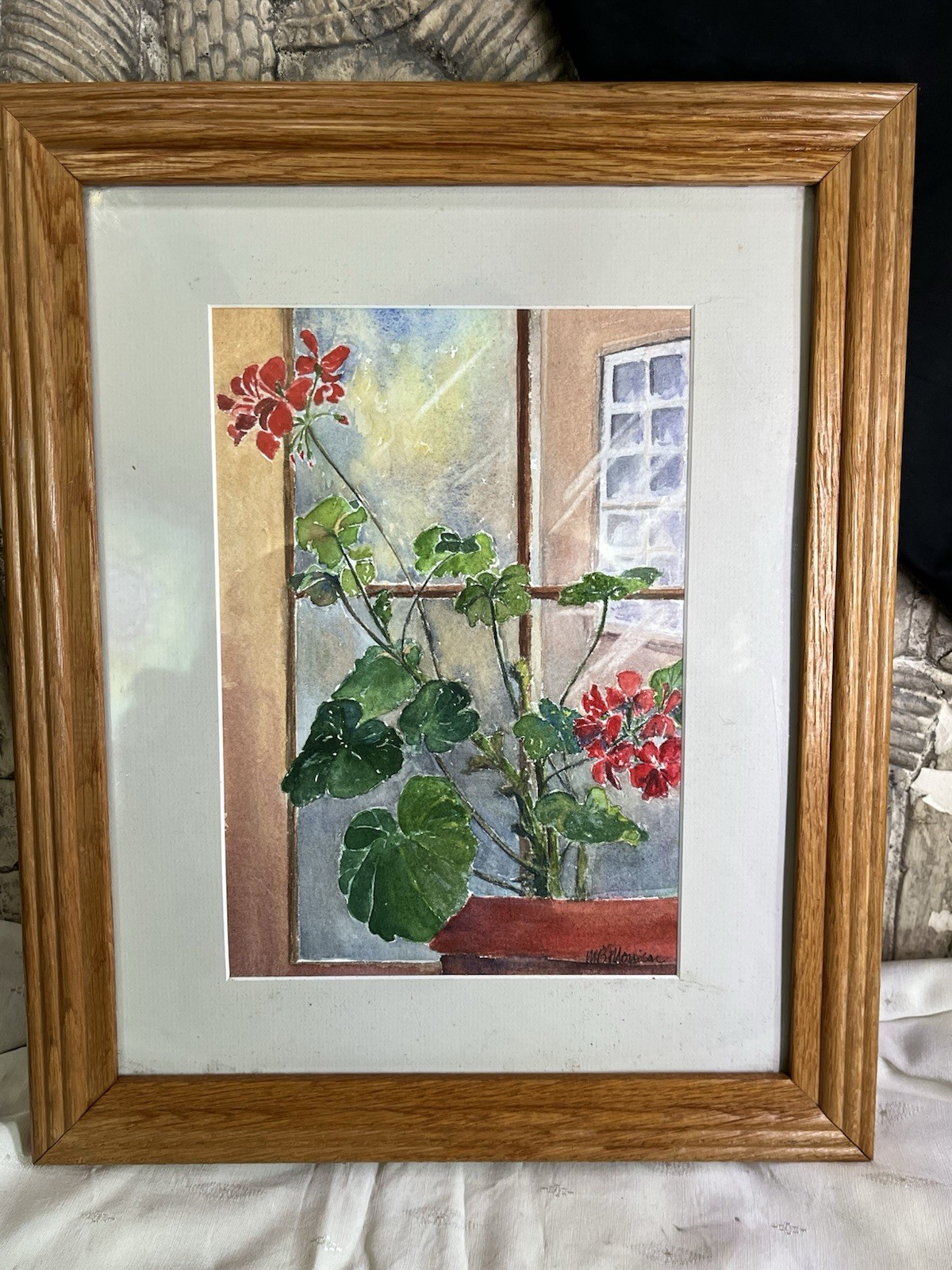VINTAGE FRAMED MATTED RED GERANIUM WATER COLOR STILL LIFE PAINTING MB MORRISON