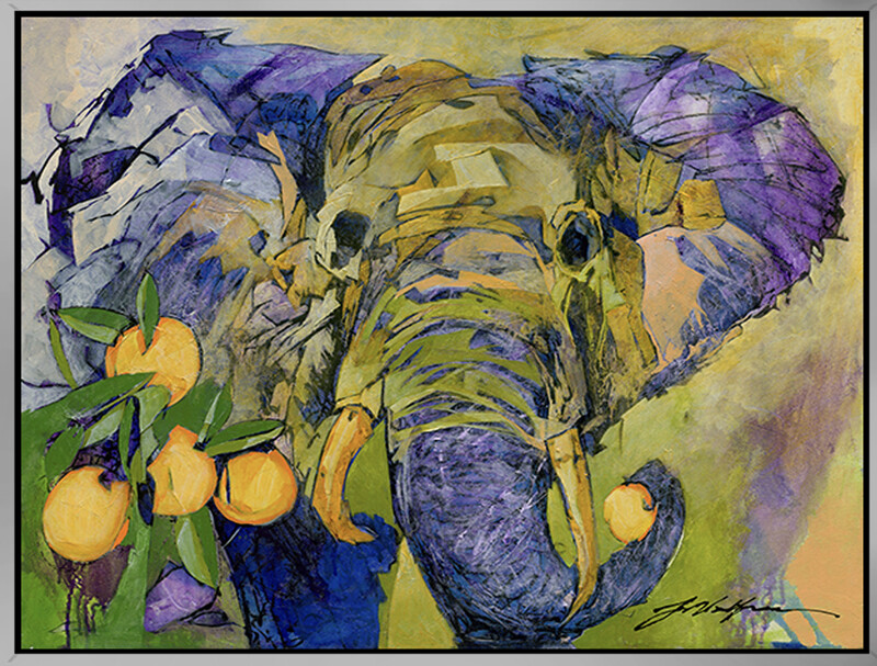 Elephant and Oranges , limited edition giclee by Yuval Wolfson , 30×24 framed