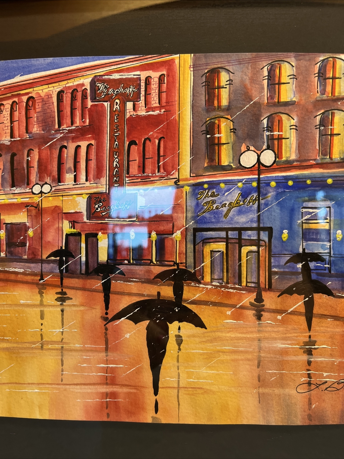 Signed Primary Colorss Rainy Cityscape Framed Print by L. Betz 16″x12″