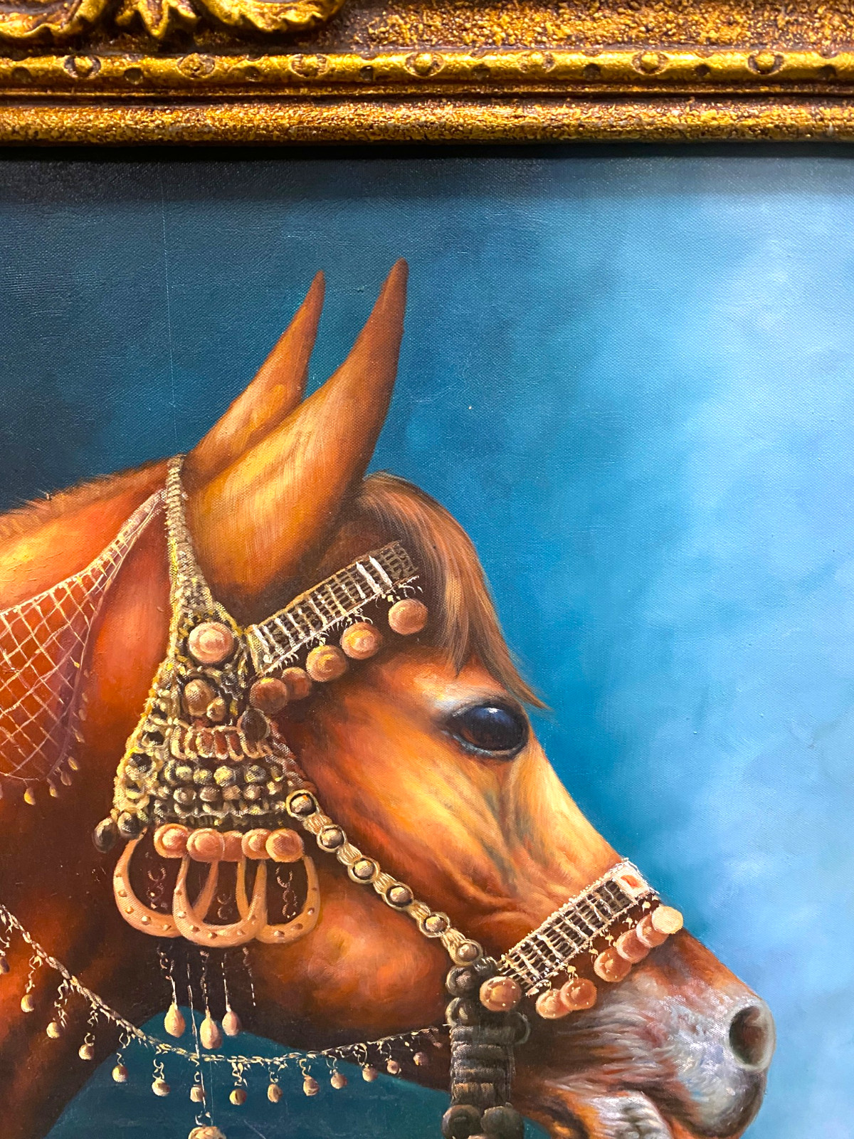 Arabian Horse Oil Painting Ornate Gold Frame Dubai Royal Equestrian Racing Art U