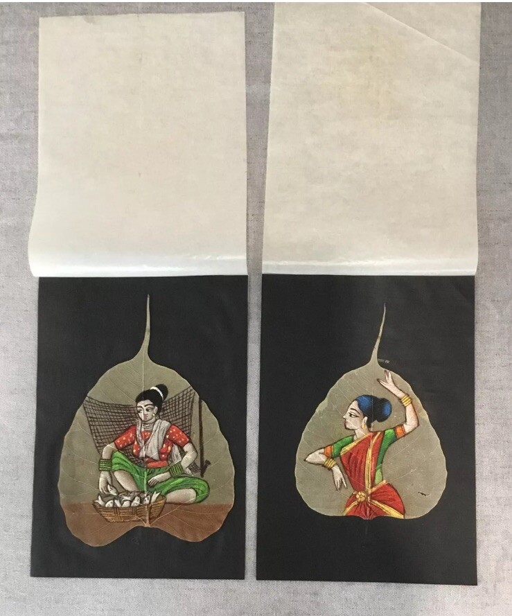 Pair Vintage India Art Hand Painted Oil on Skeleton Pipal Tree Leaf Orig Folder