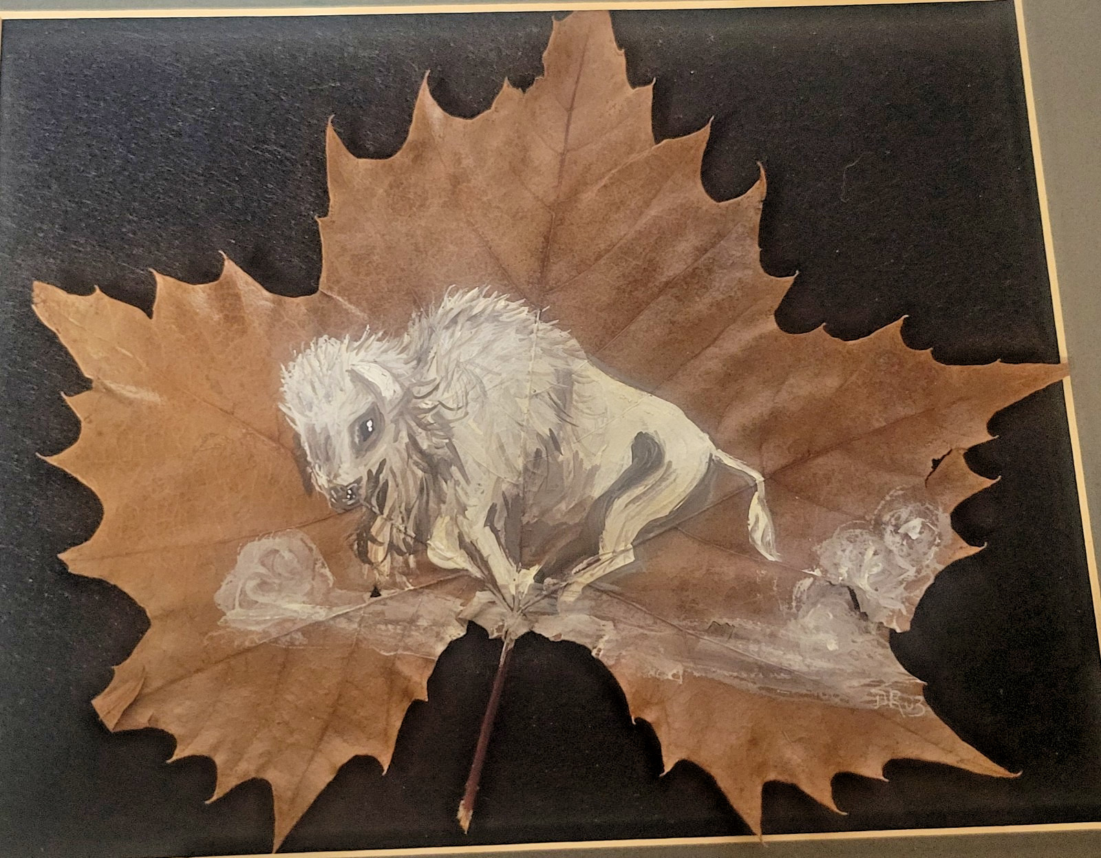 Native American Buffalo Leaf Painting Unique Folk Art One of A Kind