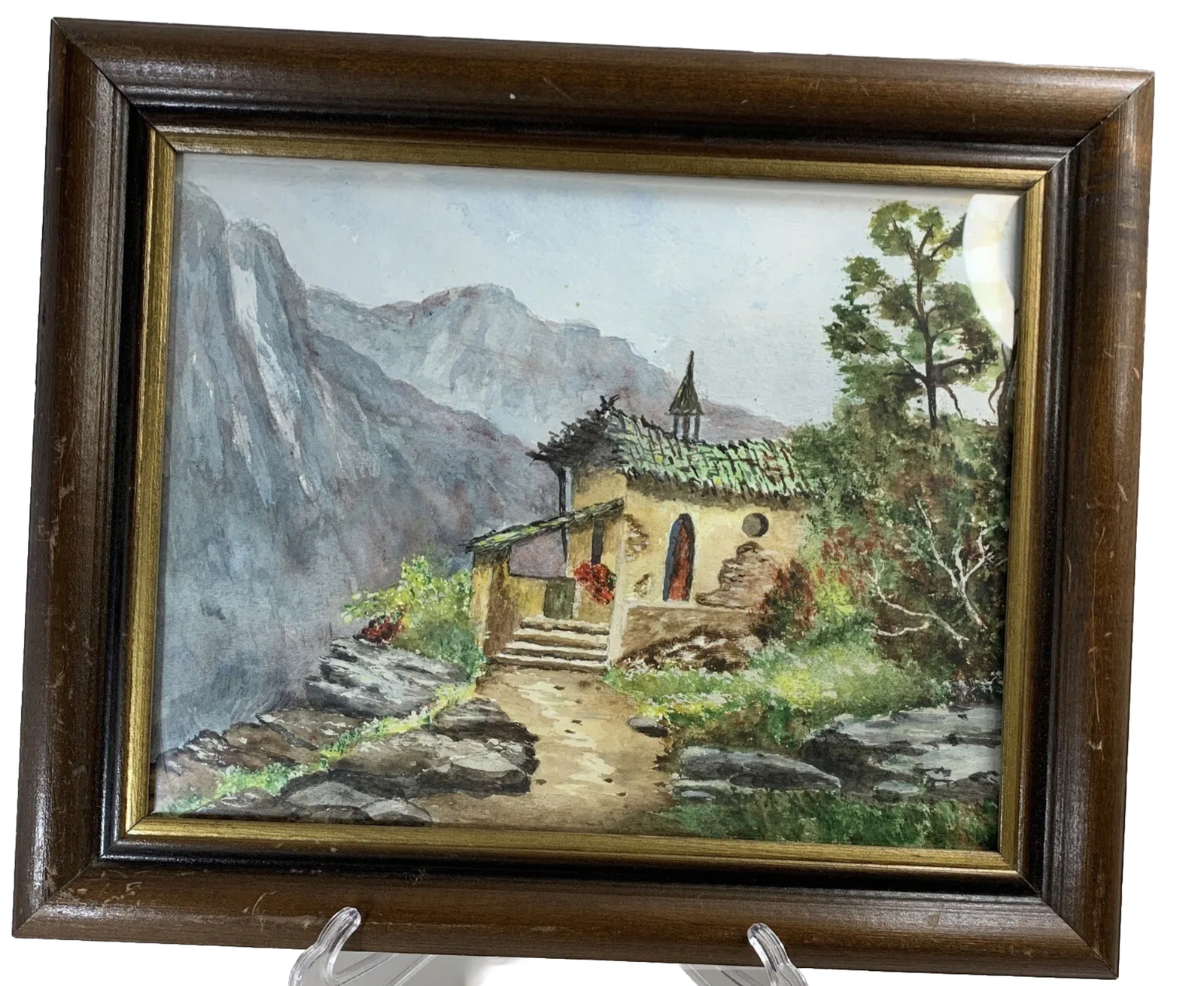 Vtg Watercolor Painting Landscape “ Old Church in the Alps” Signed? Framed READ