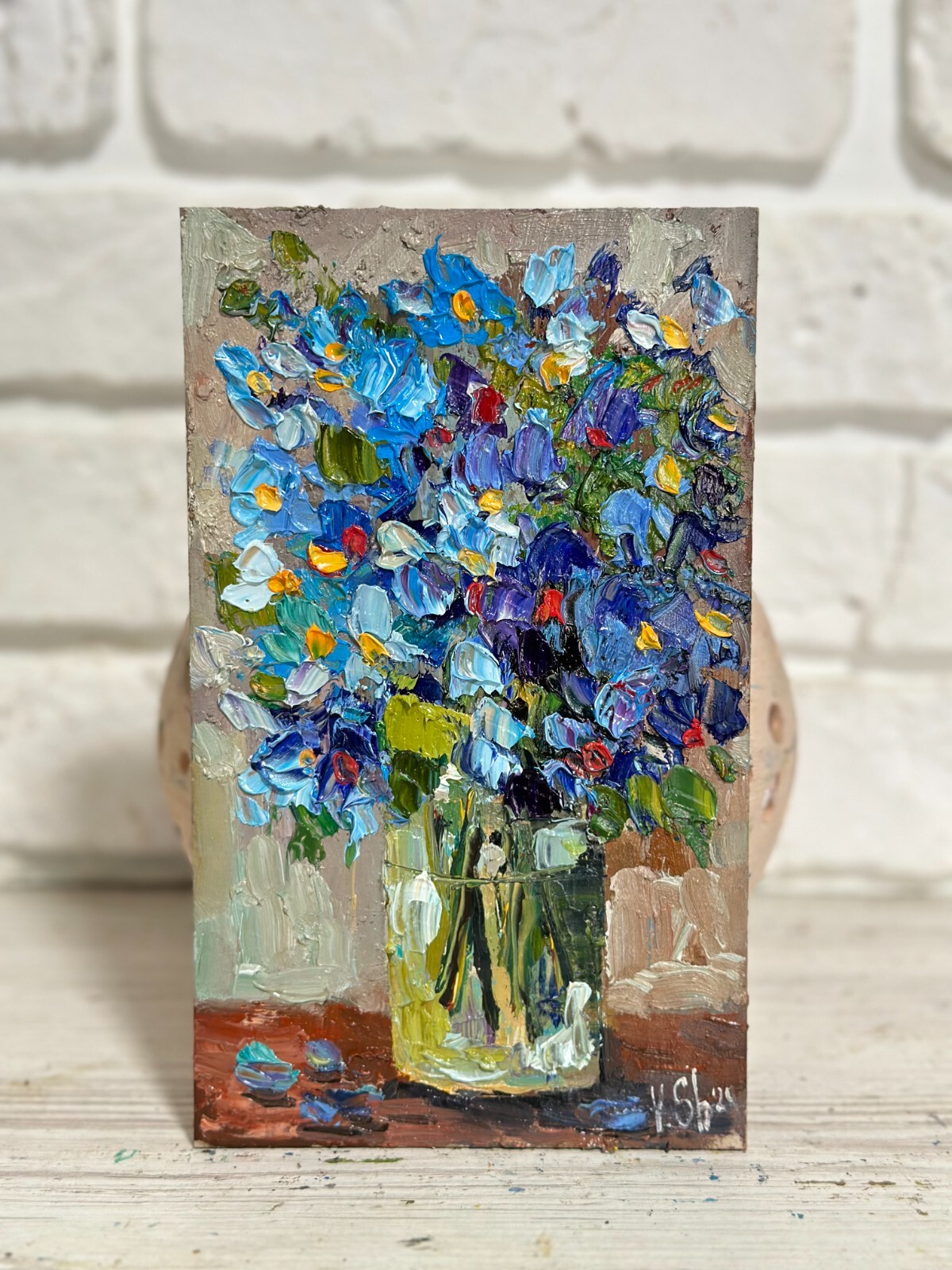 Blooming Flowers Blue Wildflower Painting Original Floral Oil Impasto Art Signed