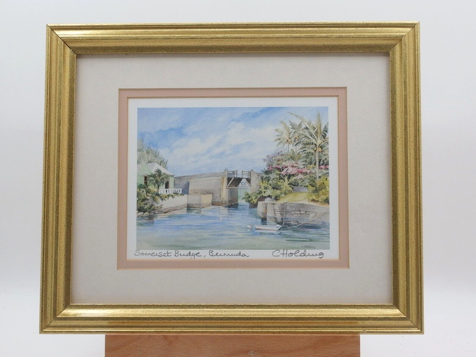 Vtg. Watercolor Small SOMERSET BRIDGE BERMUDA Gold Frame Signed Carol Holding