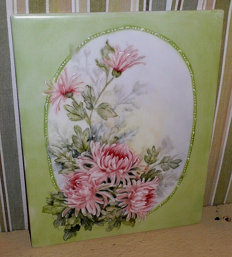 Original PAINTING on TILE of ‘ PINK CHRYSANTHEMUMS w/ raised accents ‘ G. Eggli