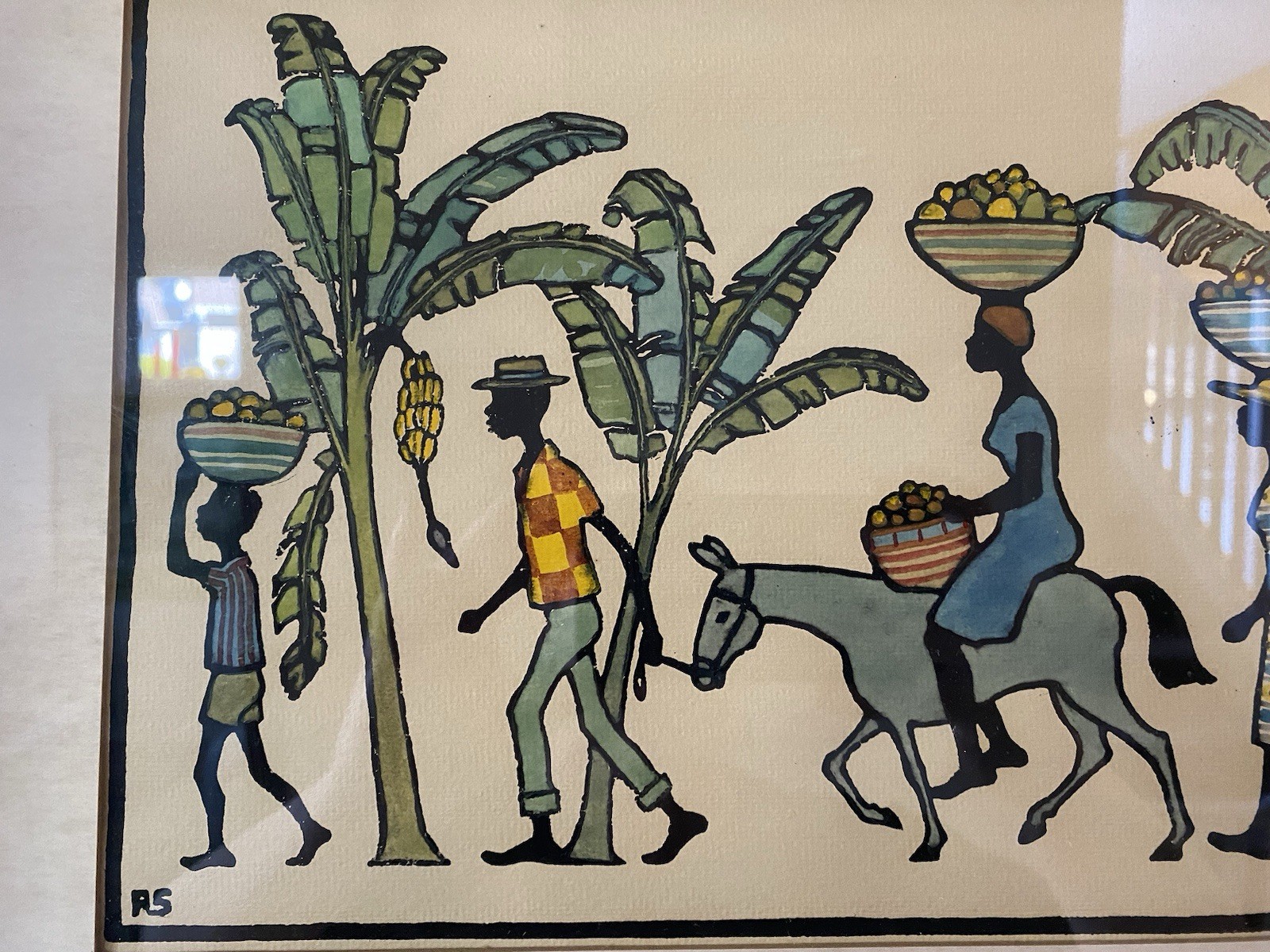 VTG Folk Art Haitian African South America People Palm Trees Donkey Signed RS