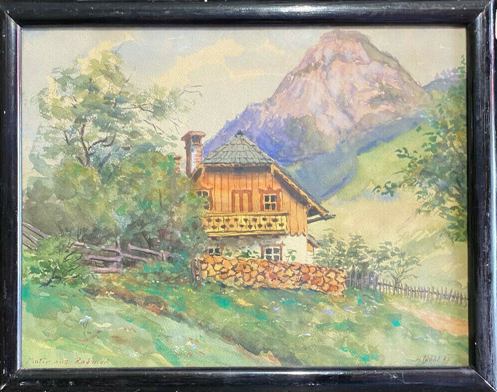 Aquarell Signiert H.Näbl 1927 Alpenhütte Mit Bergen Bei Radmer Steiermark
