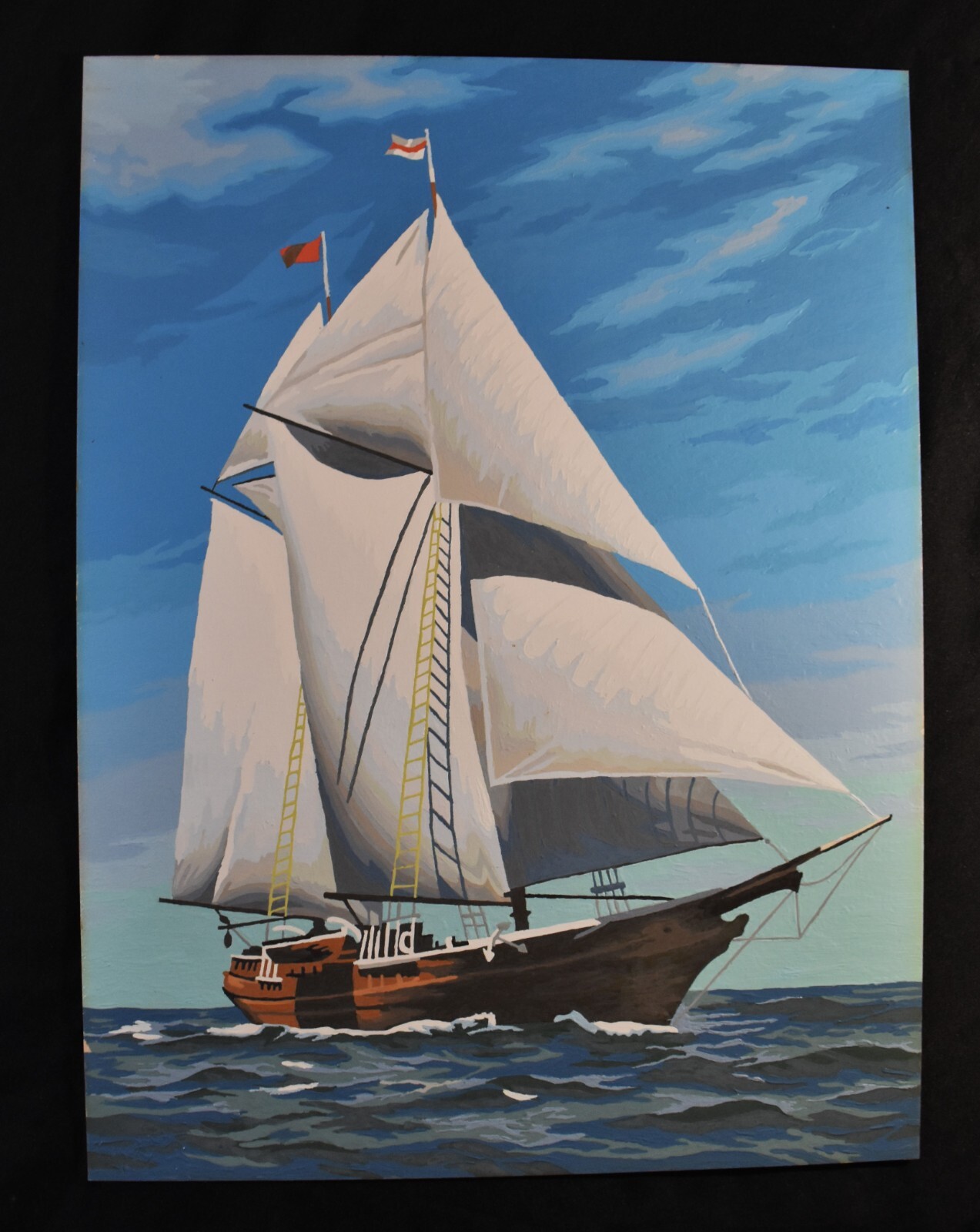 Vtg. Sailing Ship, acrylic painting on cardboard, unframed, unsigned, 24″ x 18″