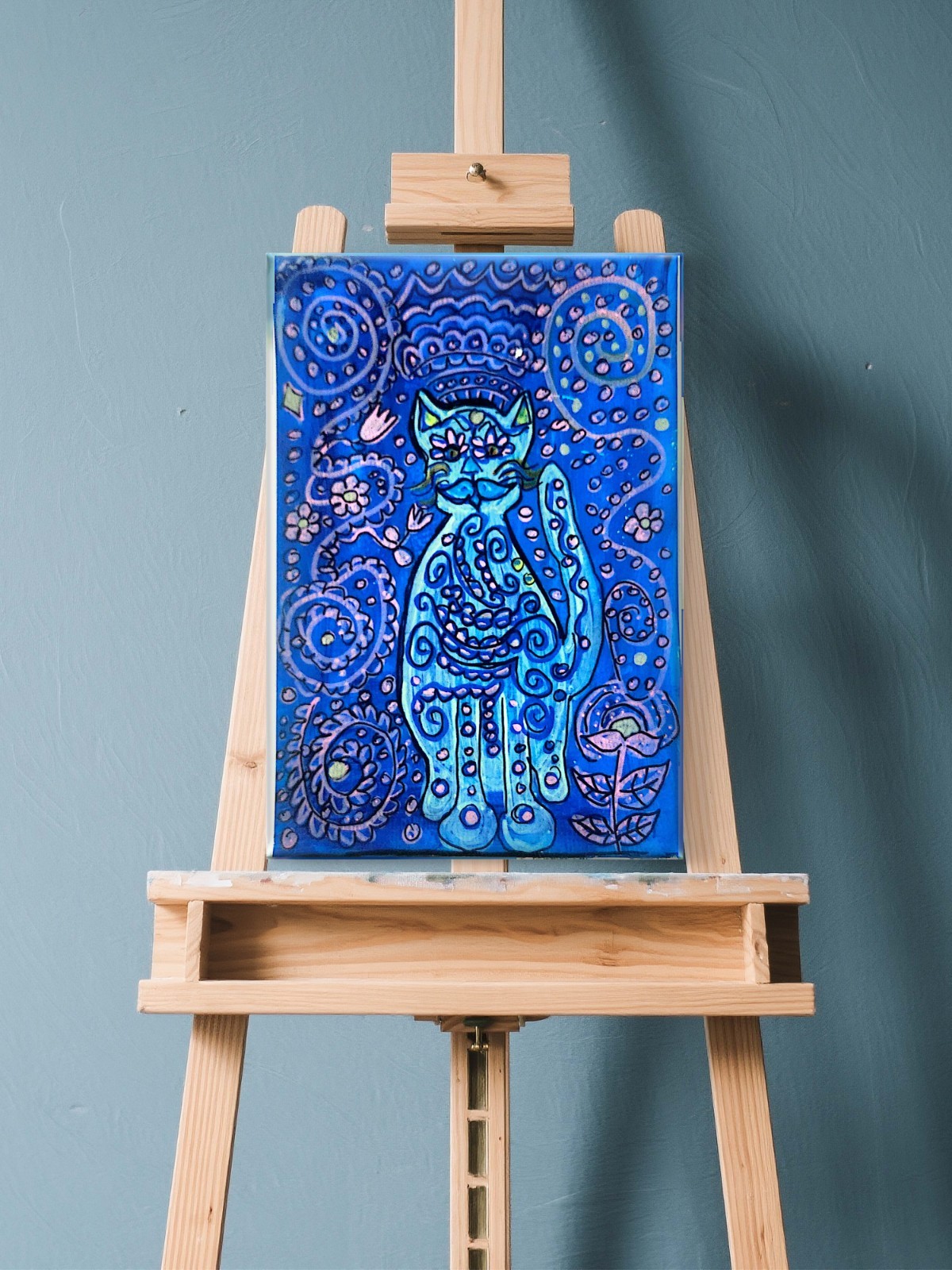 Mystical Cat Contemporary Expressionist Original Art Acrylic On Paper 9×6 Signed