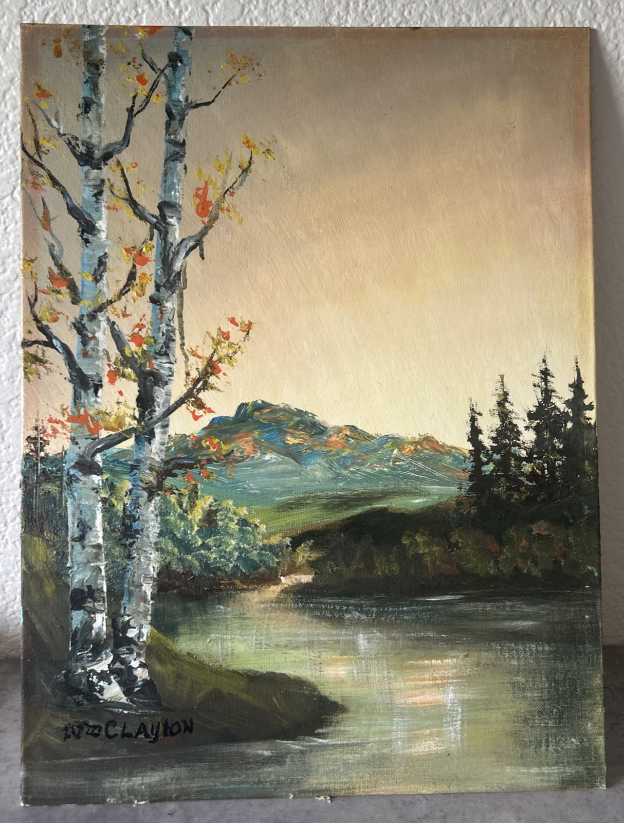 Vintage Autumn Fall Landscape Oil Painting 12”x16” Signed Clayton OOAK Art