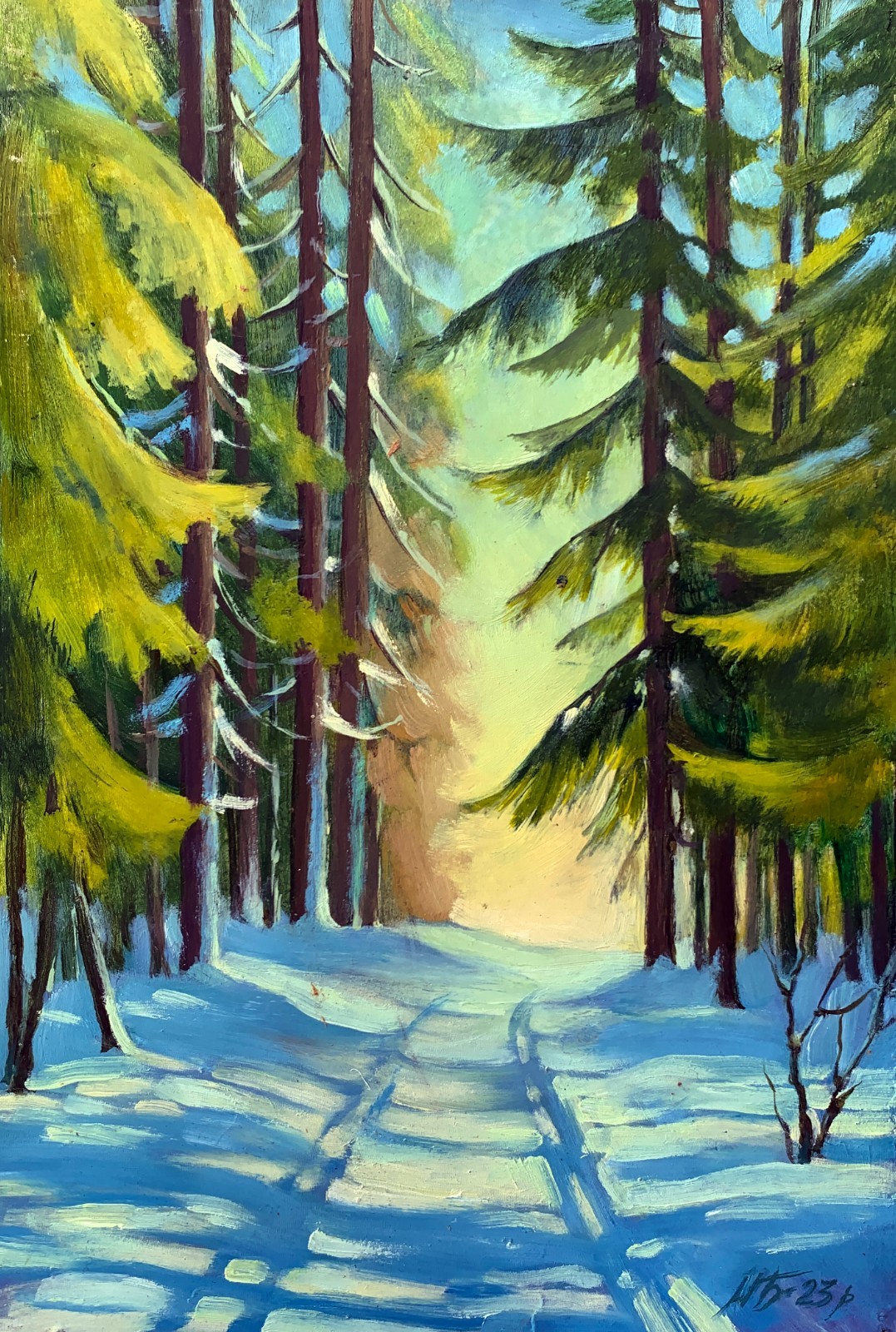 Oil Painting Snowy Road In The Forest M. Burdylo Unframed Original Art nAAA3424