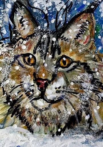 ORIGINAL ACEO Painting Winter BOBCAT Big CAT Animal Snow Pine Tree Nature ART
