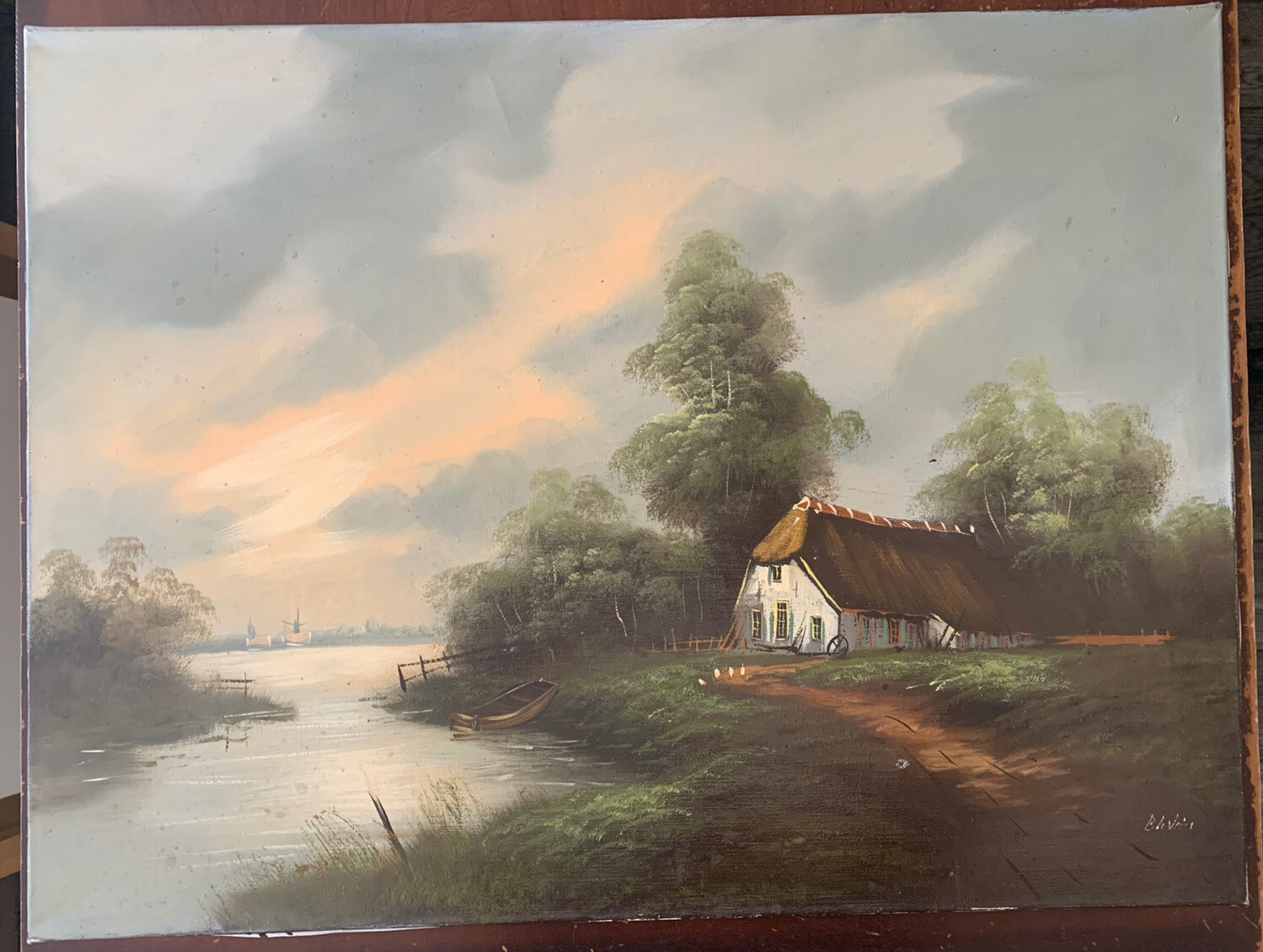 Vintage Country Lakeside Cottage Landscape Painting w/ Windmills in Background