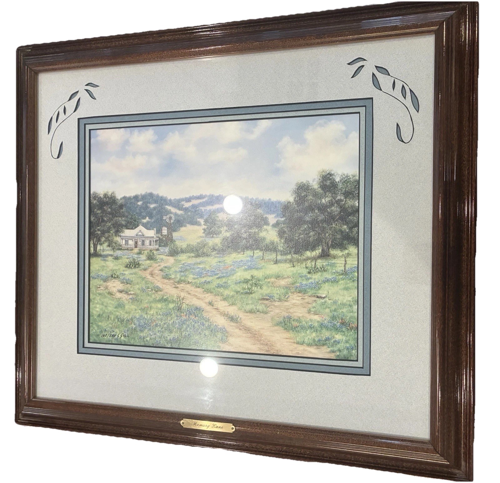 Oil Painting Sue Gill MEMORY LANE~Texas Bluebonnets Farmhouse 108/500 COA 20×18”