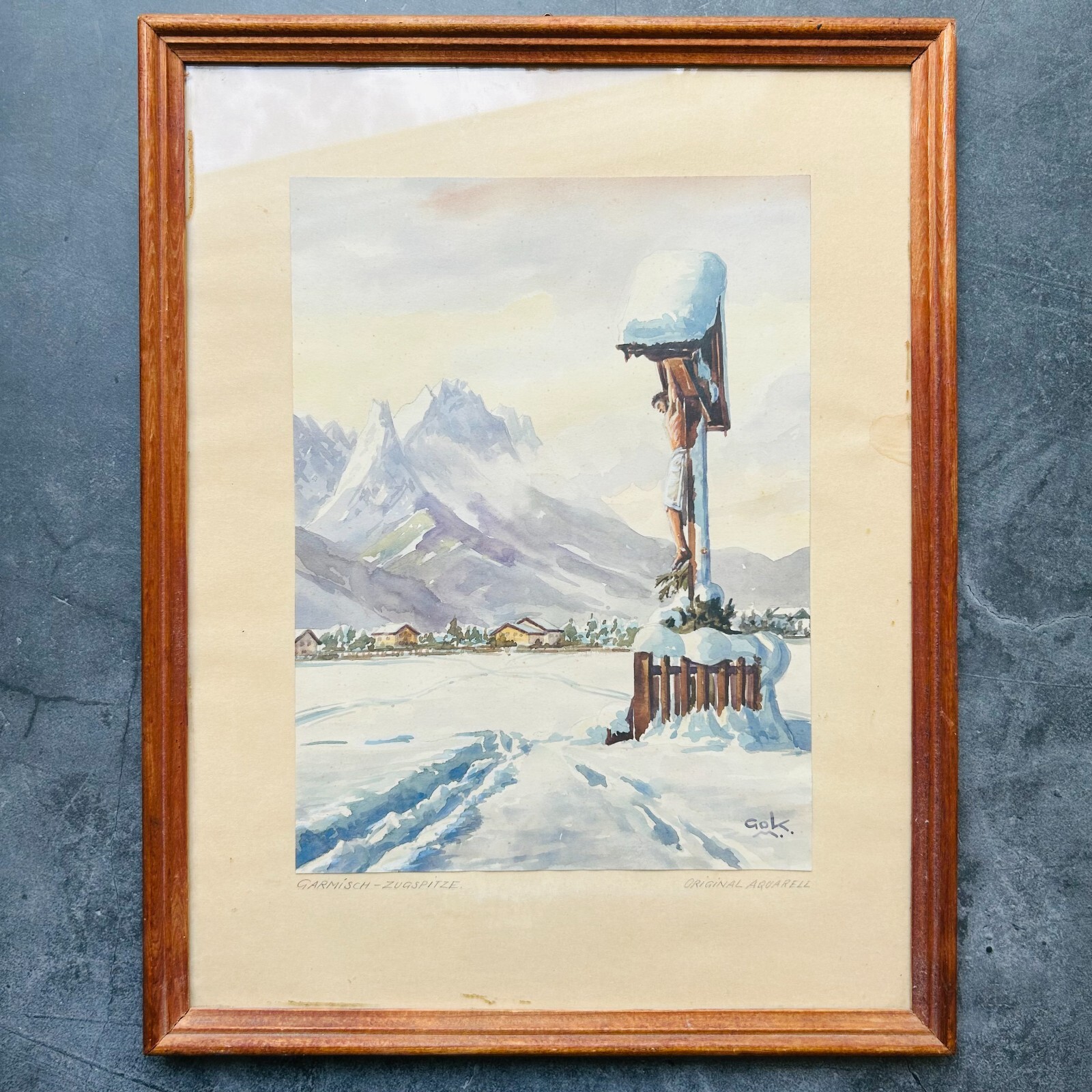 Garmisch Zugspitze Original Aquarell Crucifix Framed Watercolor Painting By Gok