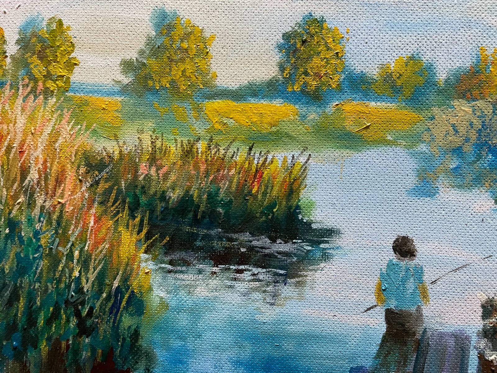 Original Oil Painting River Landscape Fisherman Dock Impressionist Art 12×16