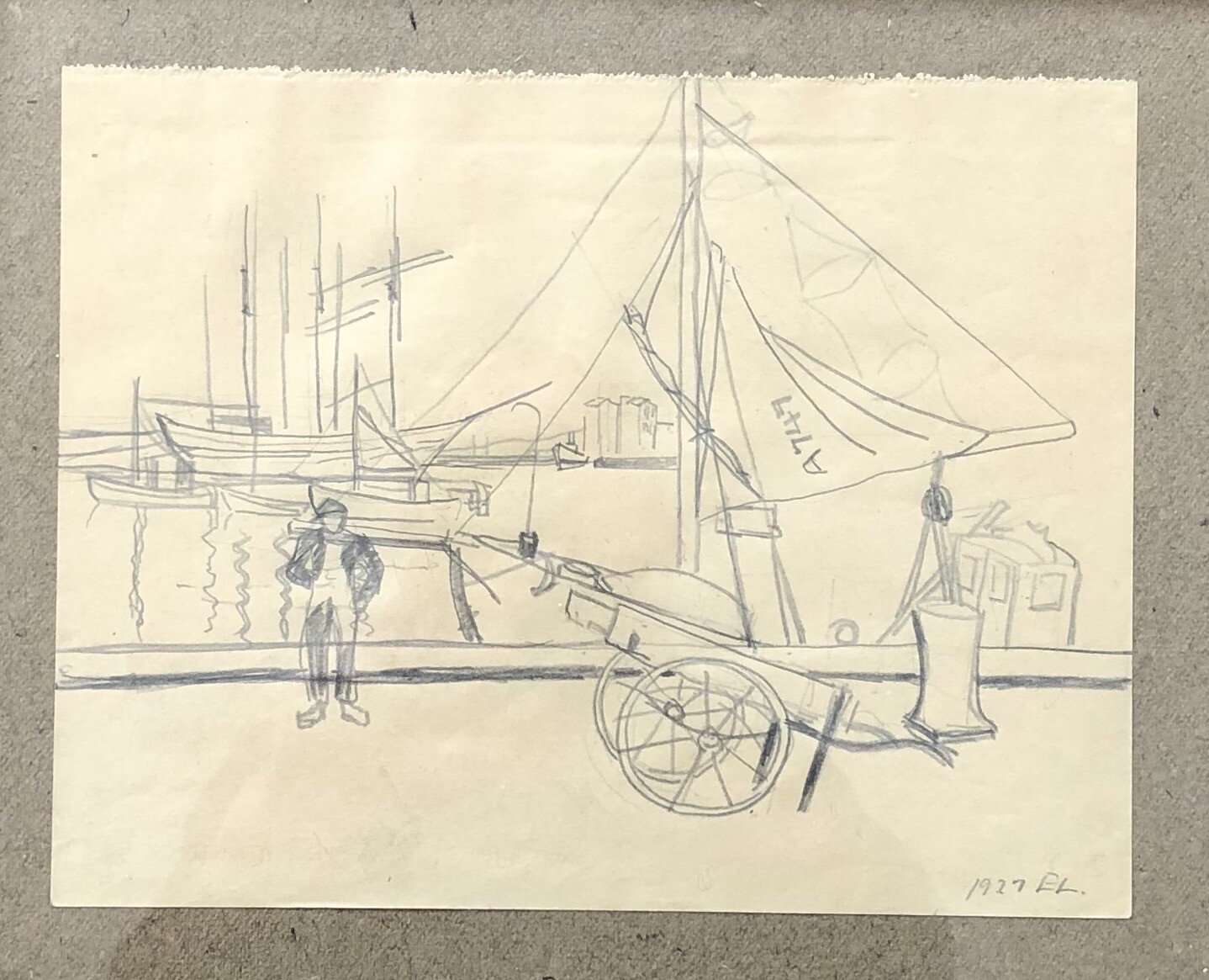 Antique Pencil Drawing Sketch Harbor Fishing Boats Nets Cart Pier Sea 1921