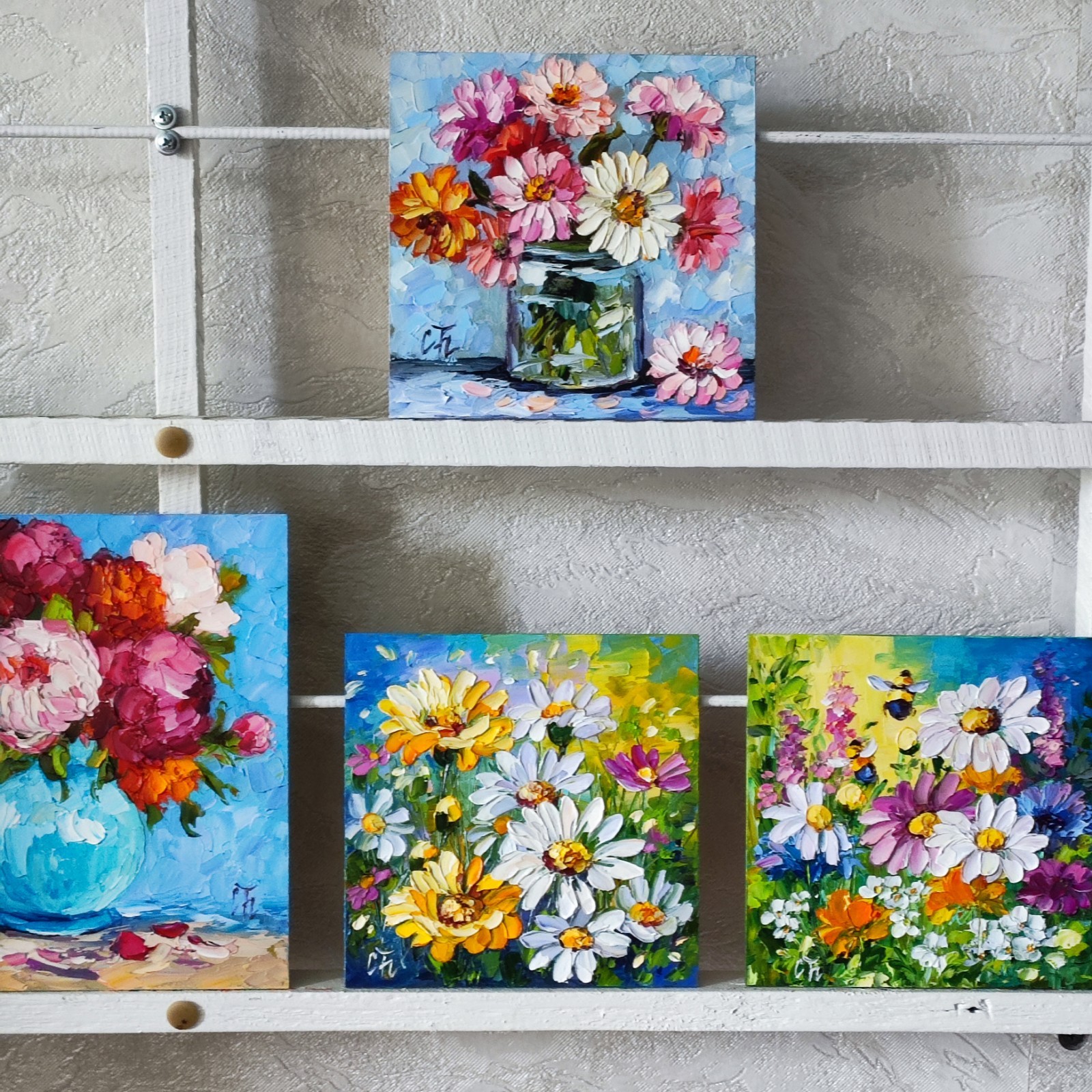 original oil painting Zinnia Colorful Flowers Vase impasto Floral art 6*6 in