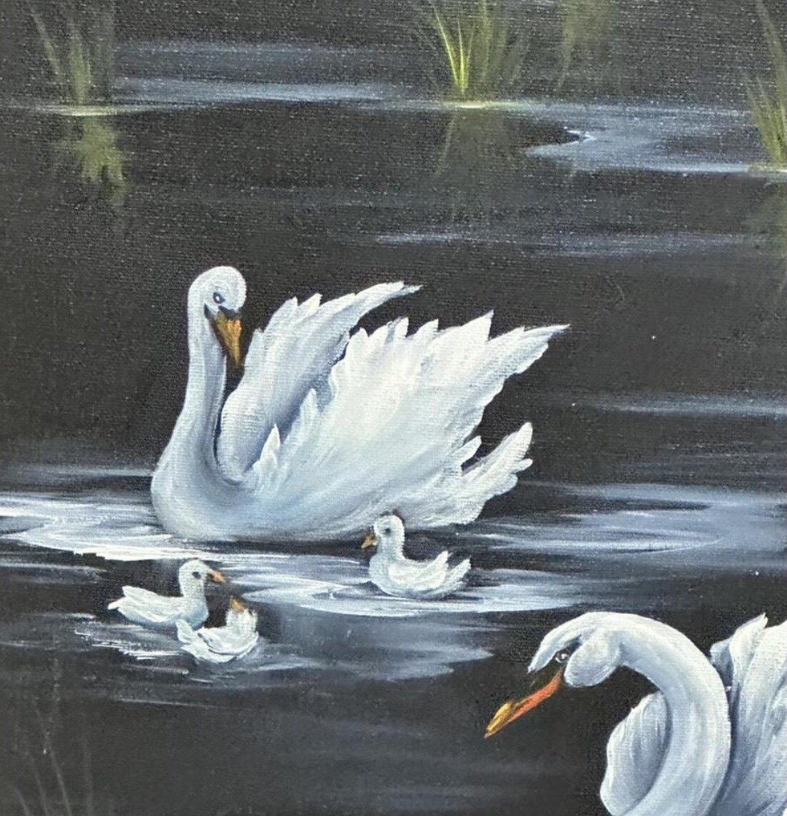 White Swans on Lake at Dusk 11×14 Original Acrylic Painting Coastal Art