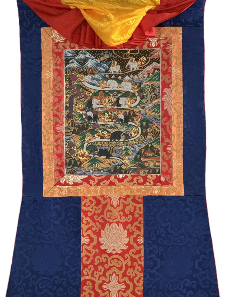 ELEPHANT PATH SAMATHA MEDITATION ORIGINAL TIBETAN THANGKA PAINTING SILK FRAMED