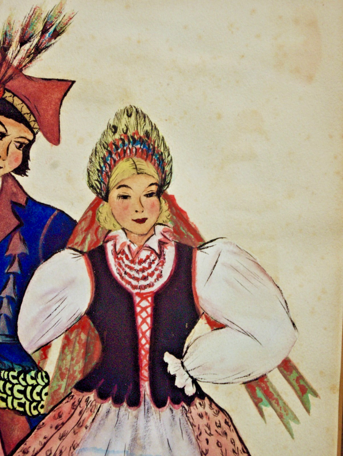 Watercolor- Framed Signed- Helen Kubikoski Polish Folk Dance Kujawiak Vintage