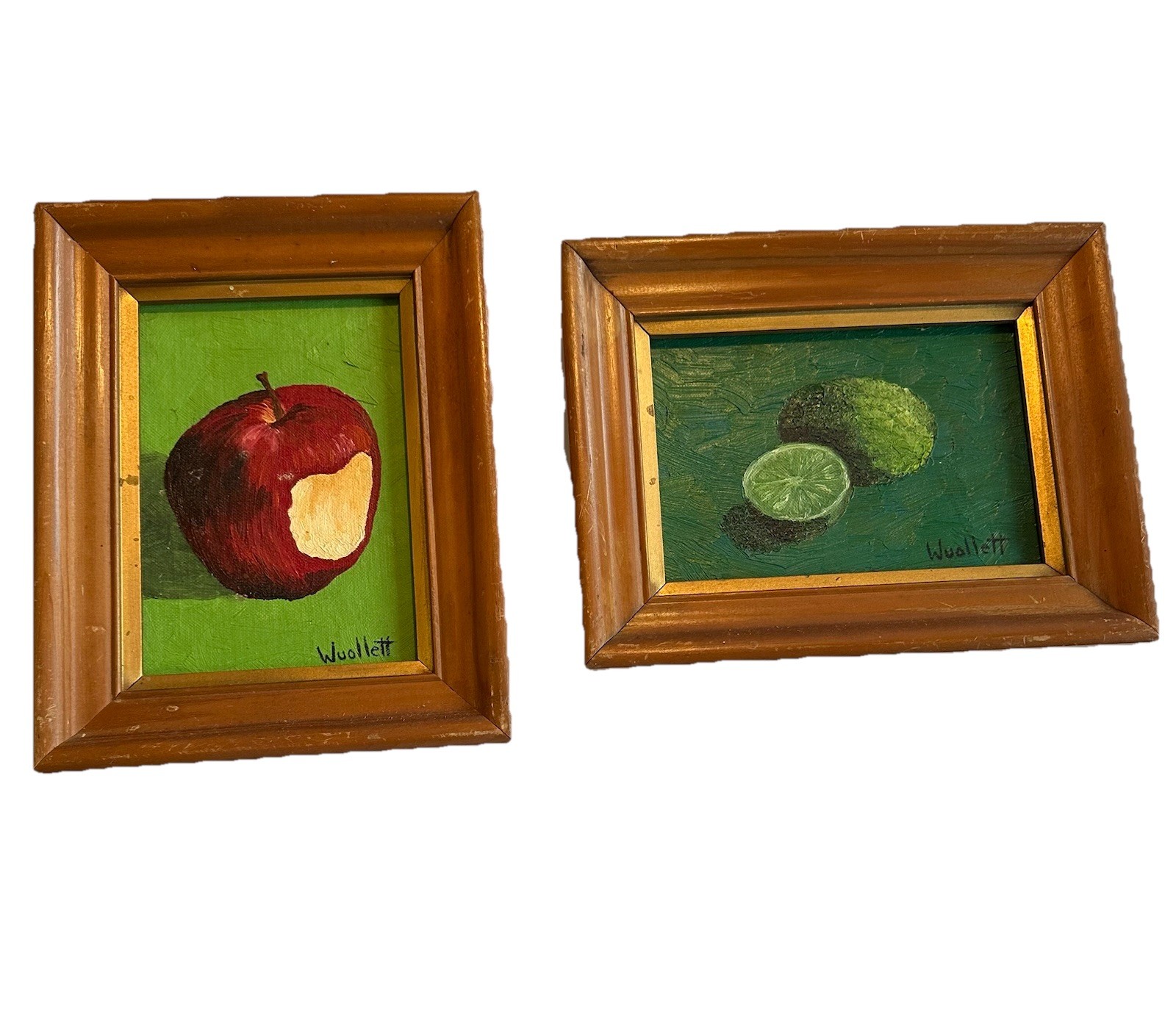 VTG Apple And Lime Oil Paintings By Wuollett5”x7”Still Life Realism Moody Framed
