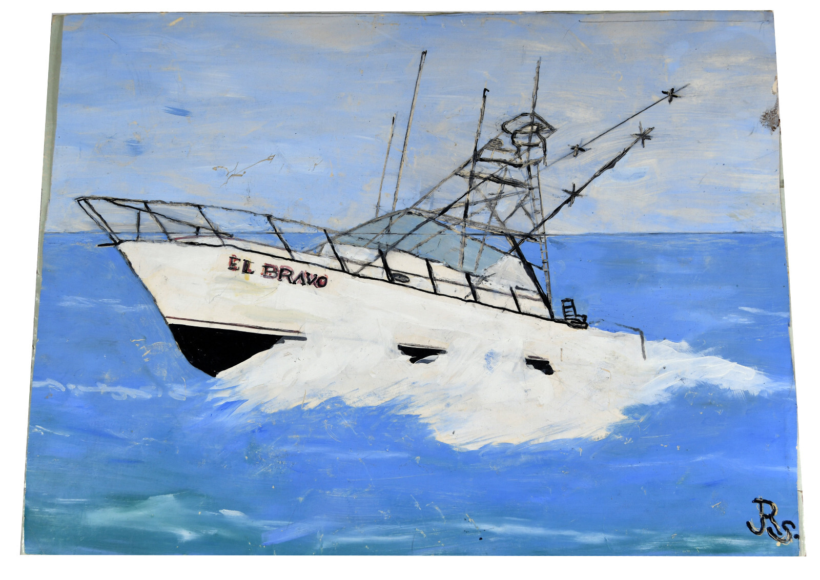 16″ Watercolor Paperstock El Bravo Tug Fishing Boat Signed R.S.