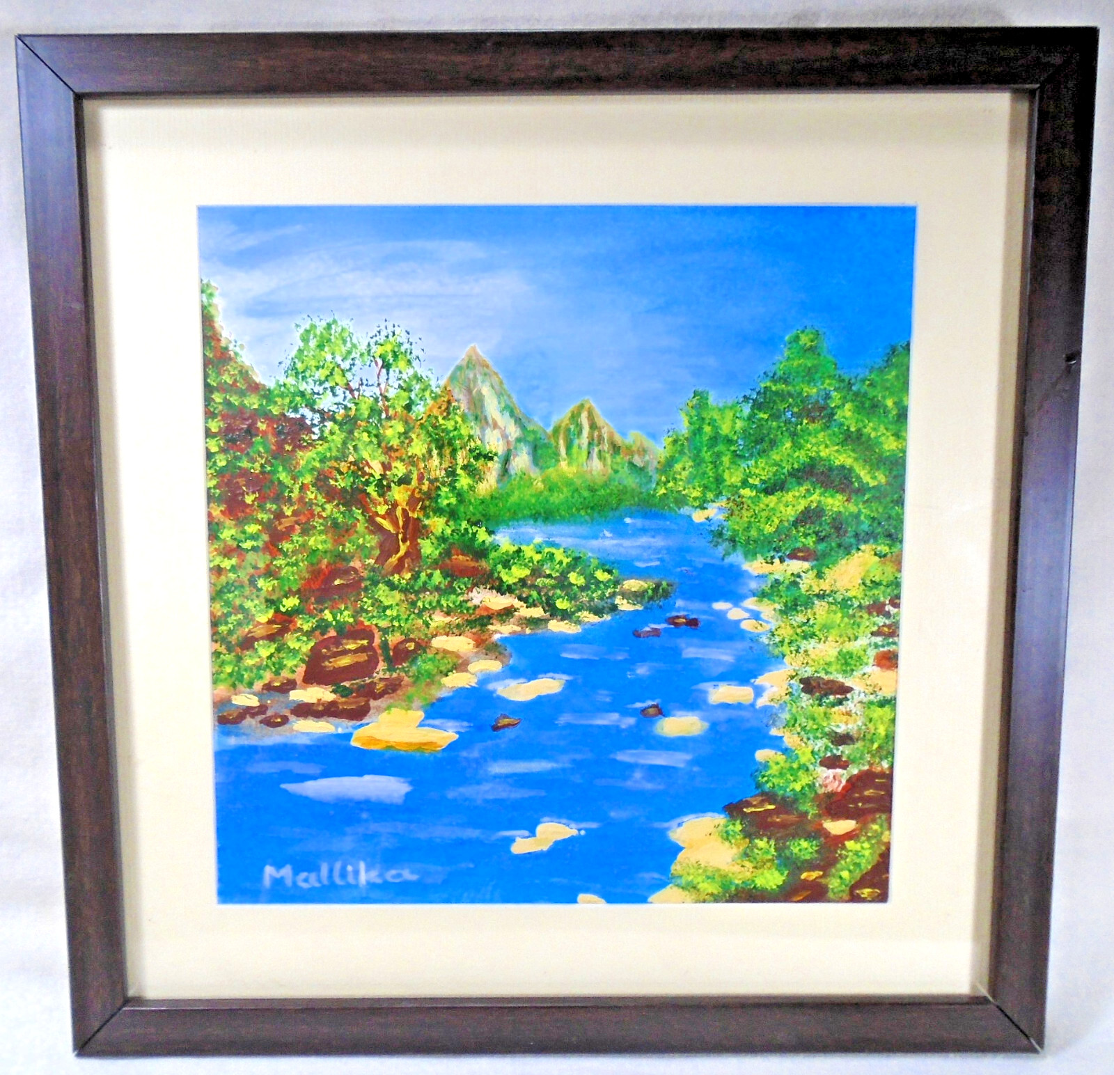 Original Acrylic Scenic Framed Painting ‘The Flow’, 7.5″ x 7.5″, Signed