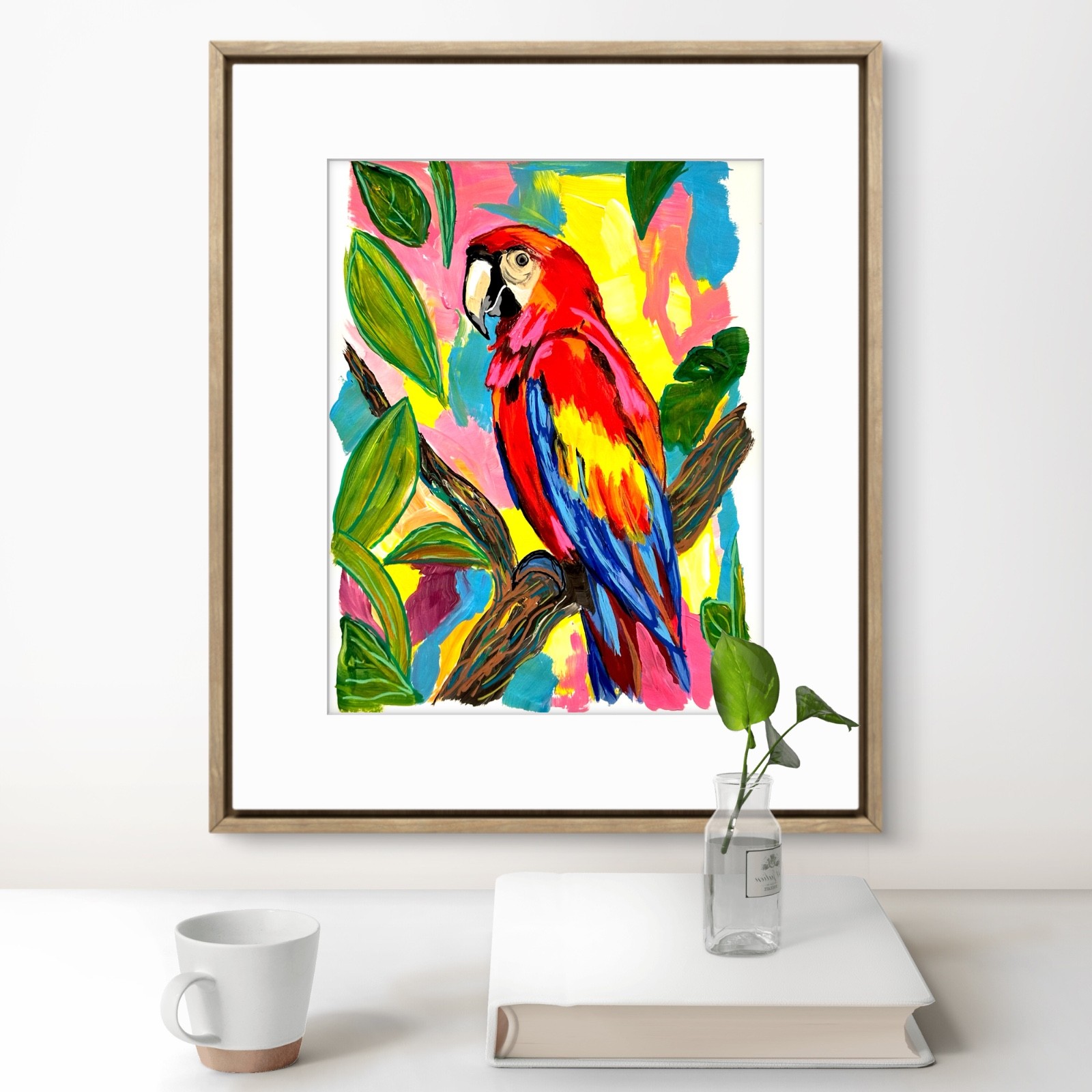 Original Parrot Bird 11×14 Paper Botanical Expressionist Painting Signed Art