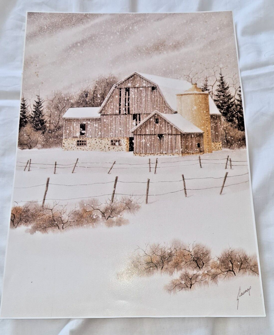 Vintage Country Winter Scene Snow Barn Lithograph Print Signed 11″×15″