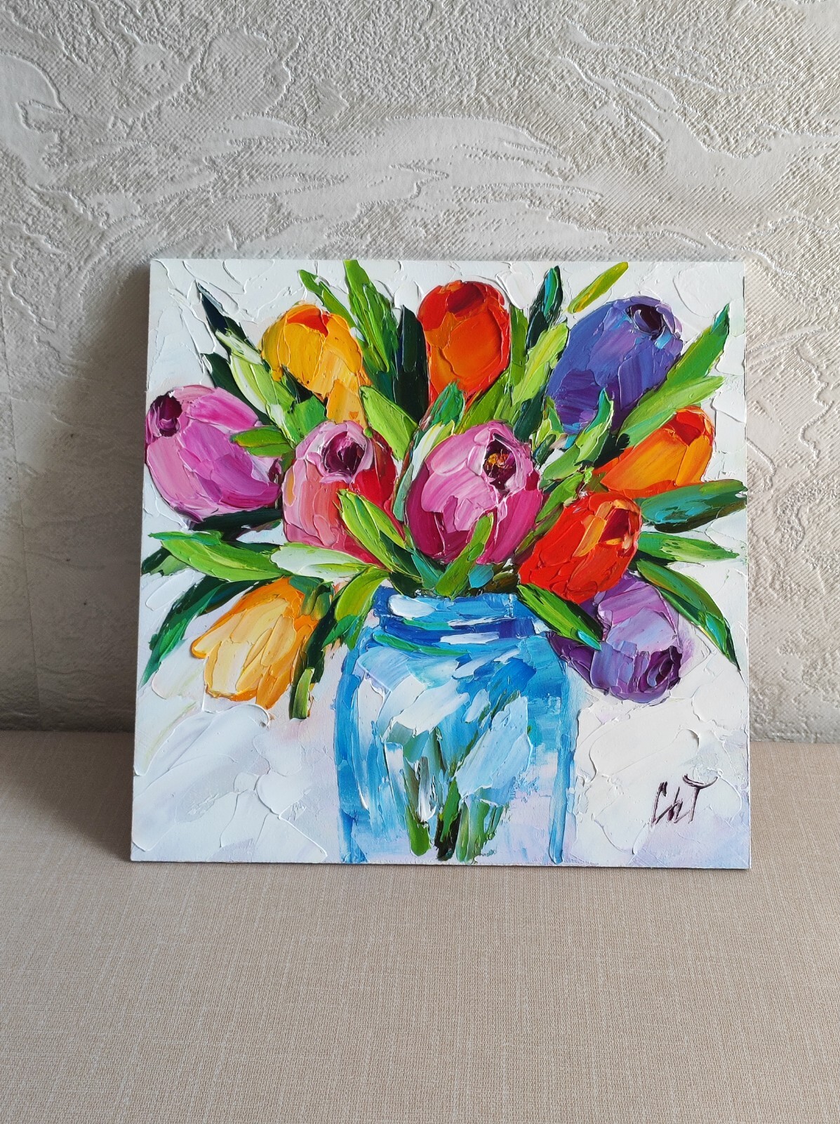 original oil painting Tulips Colorful Flowers Vase Impasto Floral Artwork 8*8 in