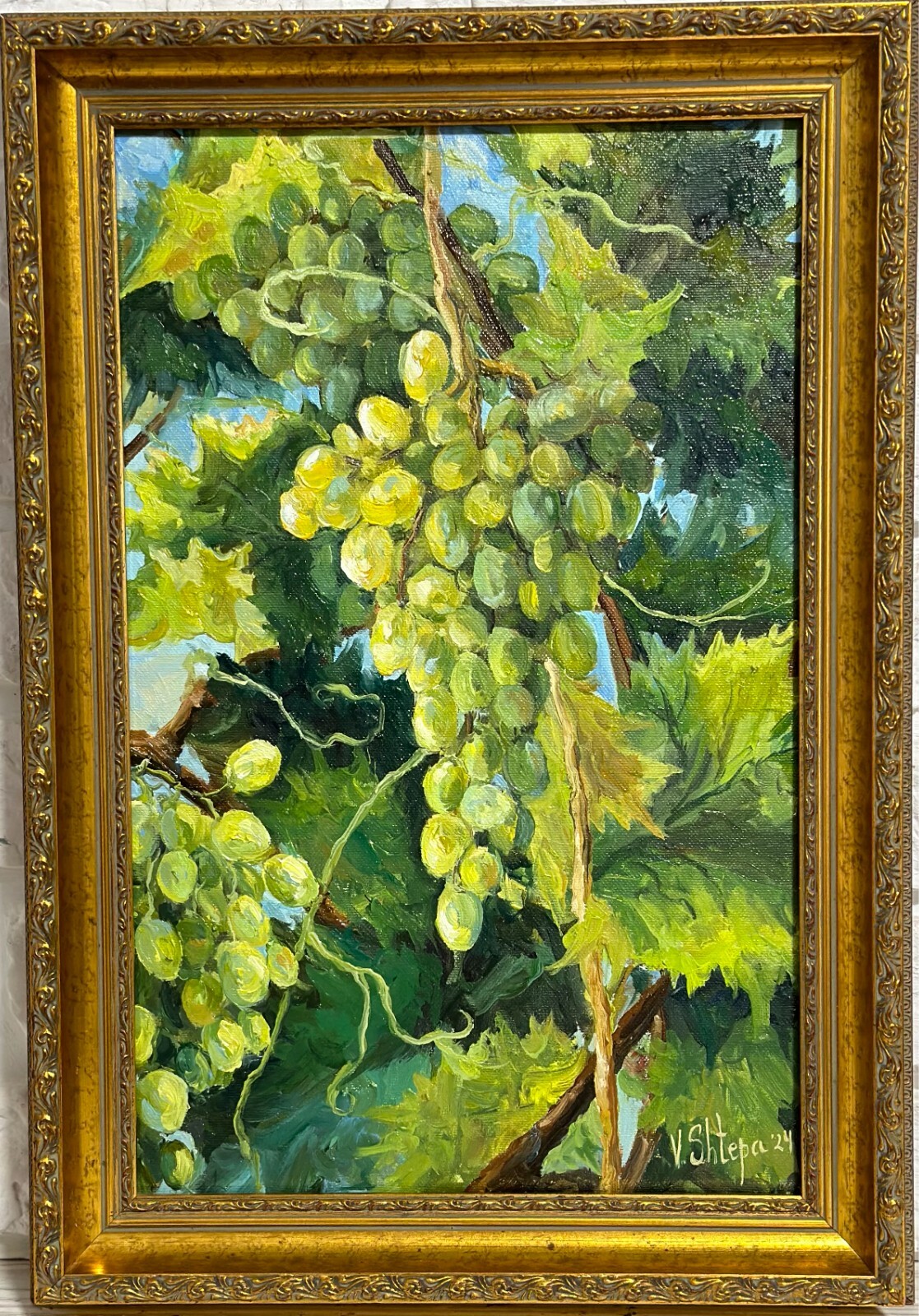 Bunch Of Grapes Original Oil Painting Plein Air Impressionism Gold Framed Signed