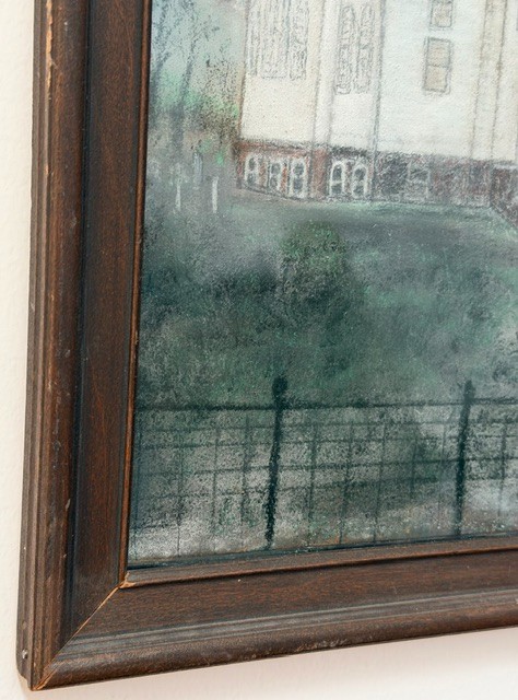 VINTAGE ORIGINAL PENCIL/CHALK FRAMED PAINTING WHITE STEEPLE CHURCH SCENE ARTWORK
