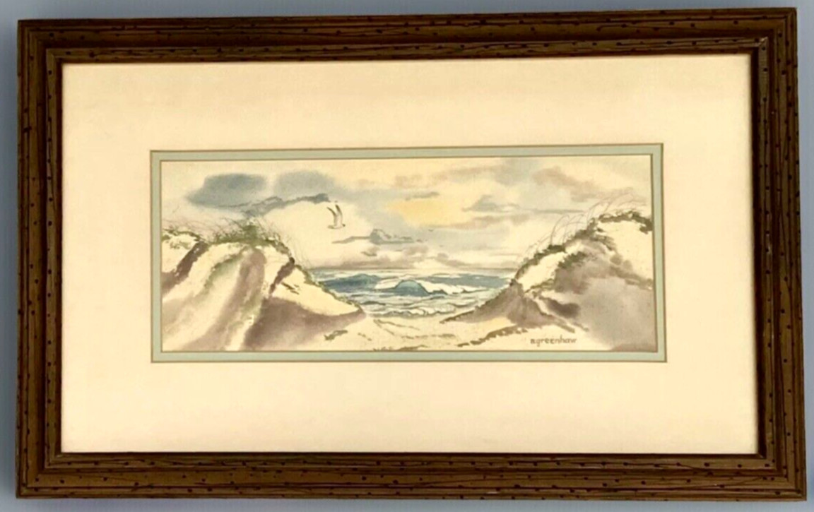 Vintage Framed Watercolor Painting, Seascape/Beach Scene by N. Greenhaw 21″x13″