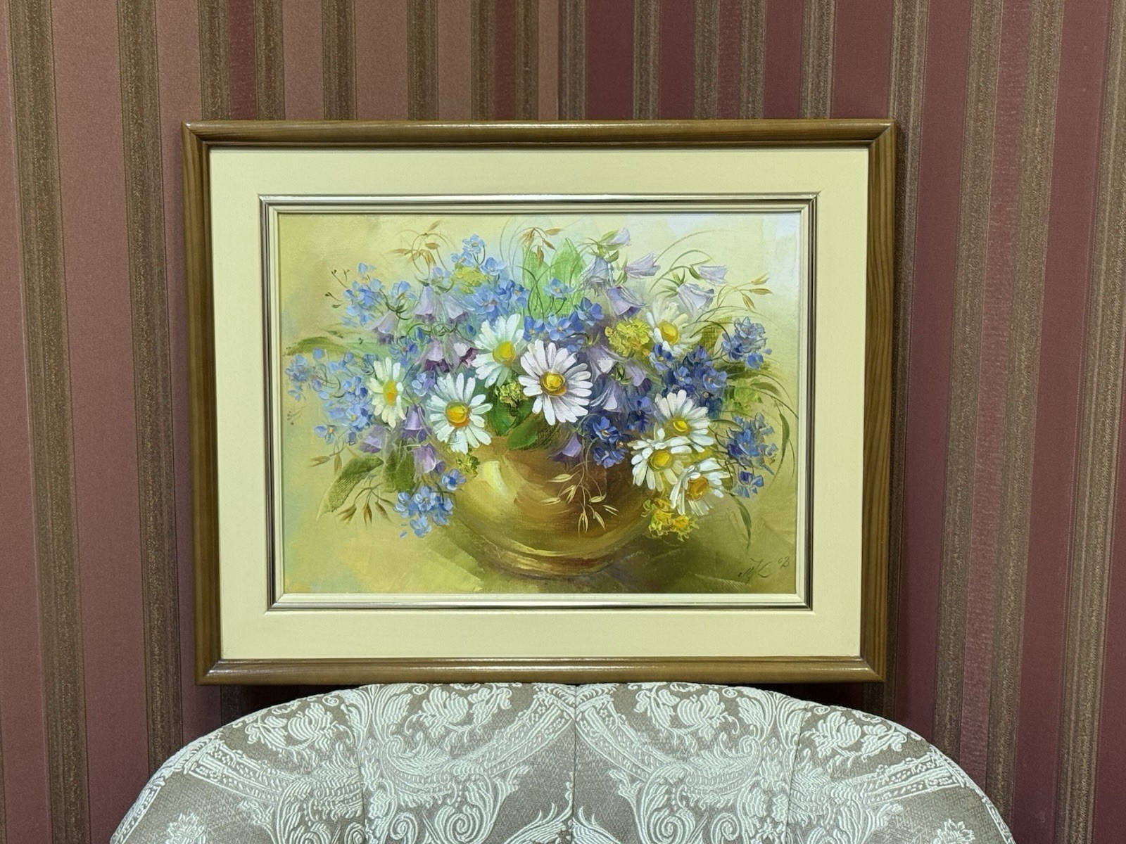 Original Signed Oil Painting Daisies & Forget-Me-Nots in Vase 2008 L.K.