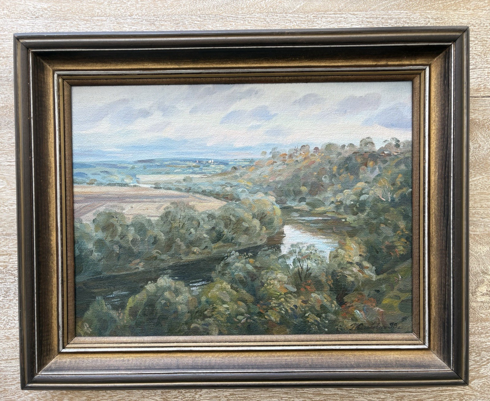 Vintage 1992 Russian Realism Landscape Painting – «Blue Distances», Framed