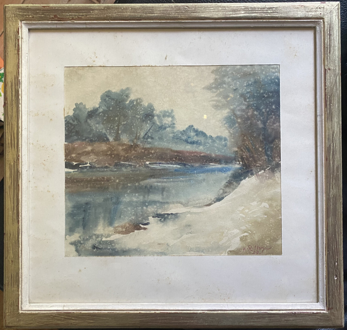 Hans Rudolph Meyer 1913-2012 Watercolor River Bank Beach Signed Rare Frame