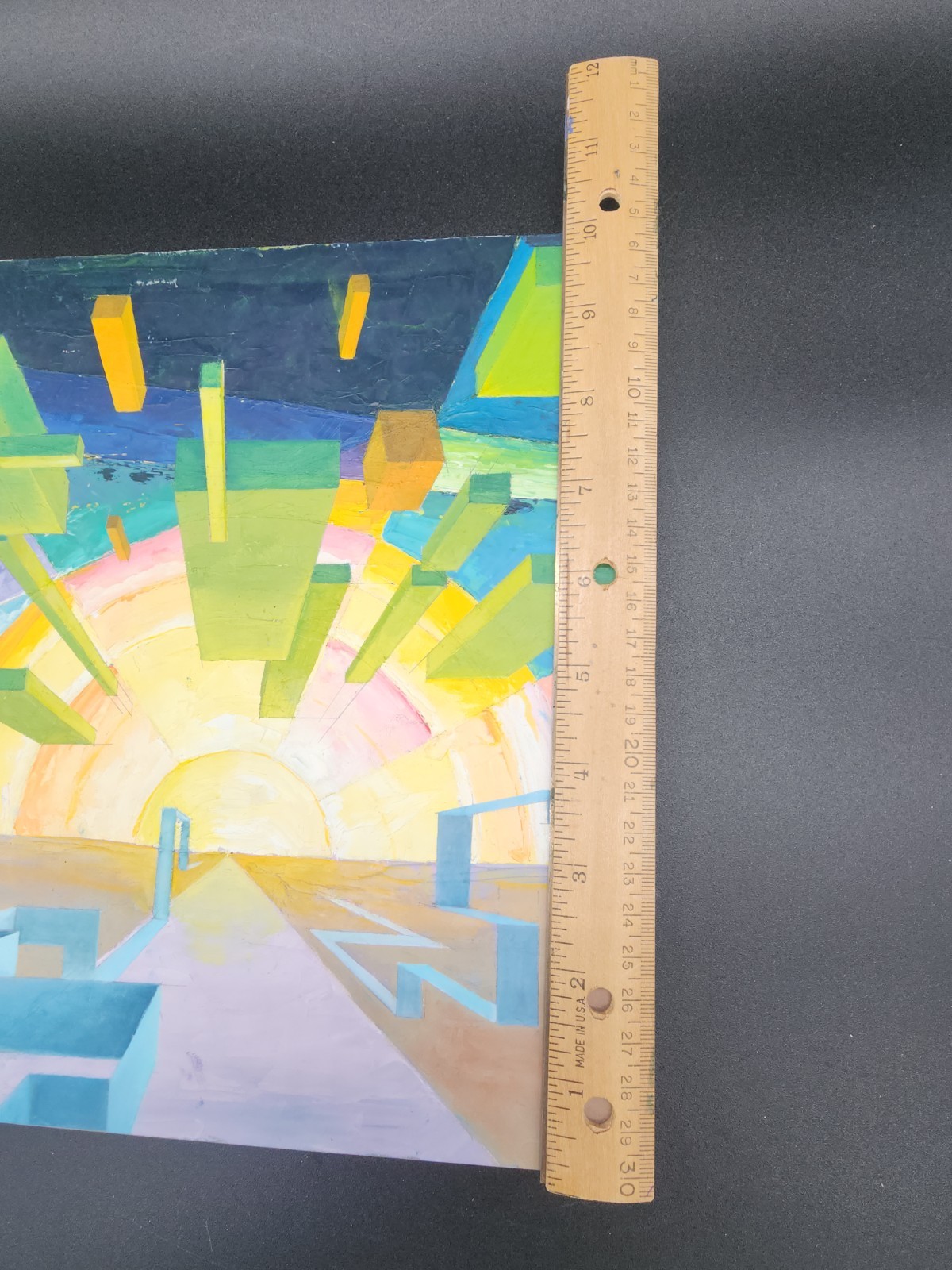 Abstract Painting Sunrise Sunset Geometric On Wood Panel Colorful Cubist Modern