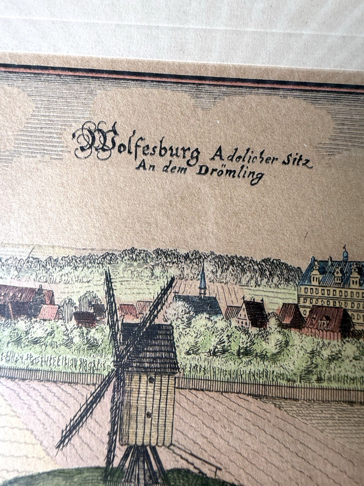 Antique Hand Colored Engraving Wolfsburg Germany Windmill Cityscape 1700s Framed