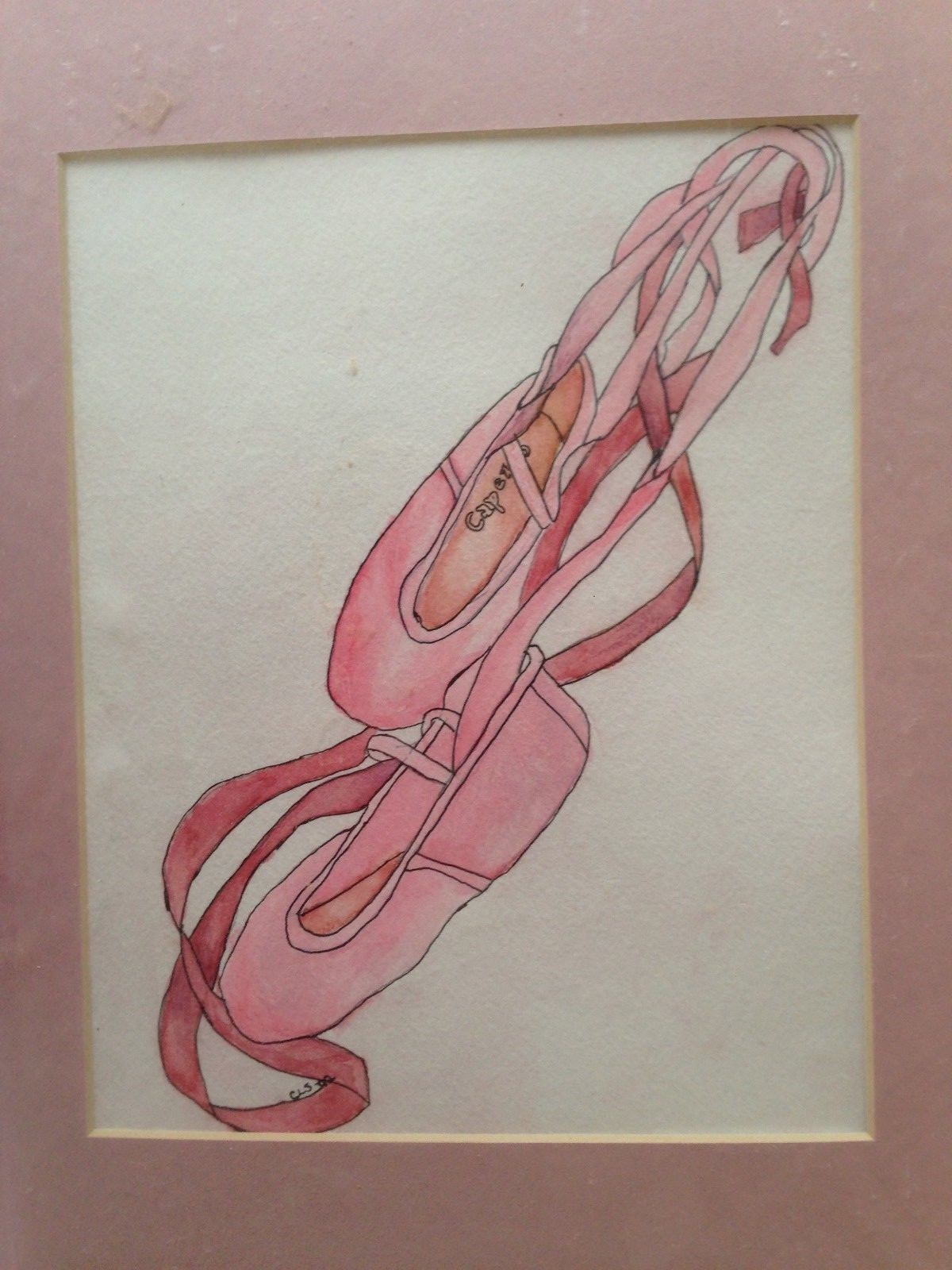 watercolor of Capezzio ballet slippers,pink,signed,unframed