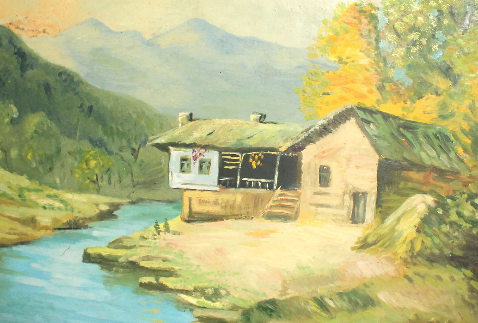 Contemporary realist landscape of a river and a house in the forest