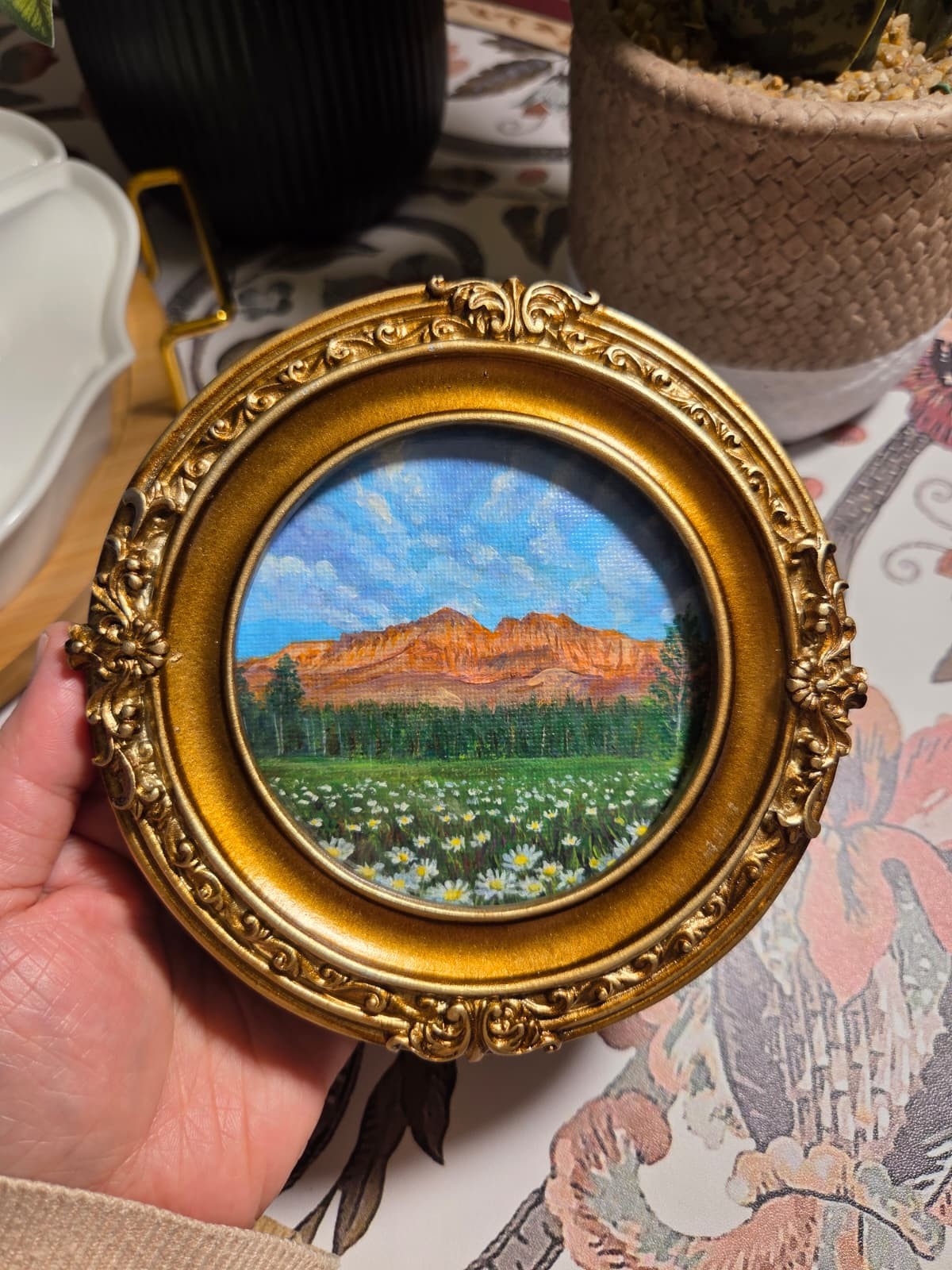 Original Mountain Flowers Landscape Painting 5.5×5.5 in Gold New Frame Wall Deco