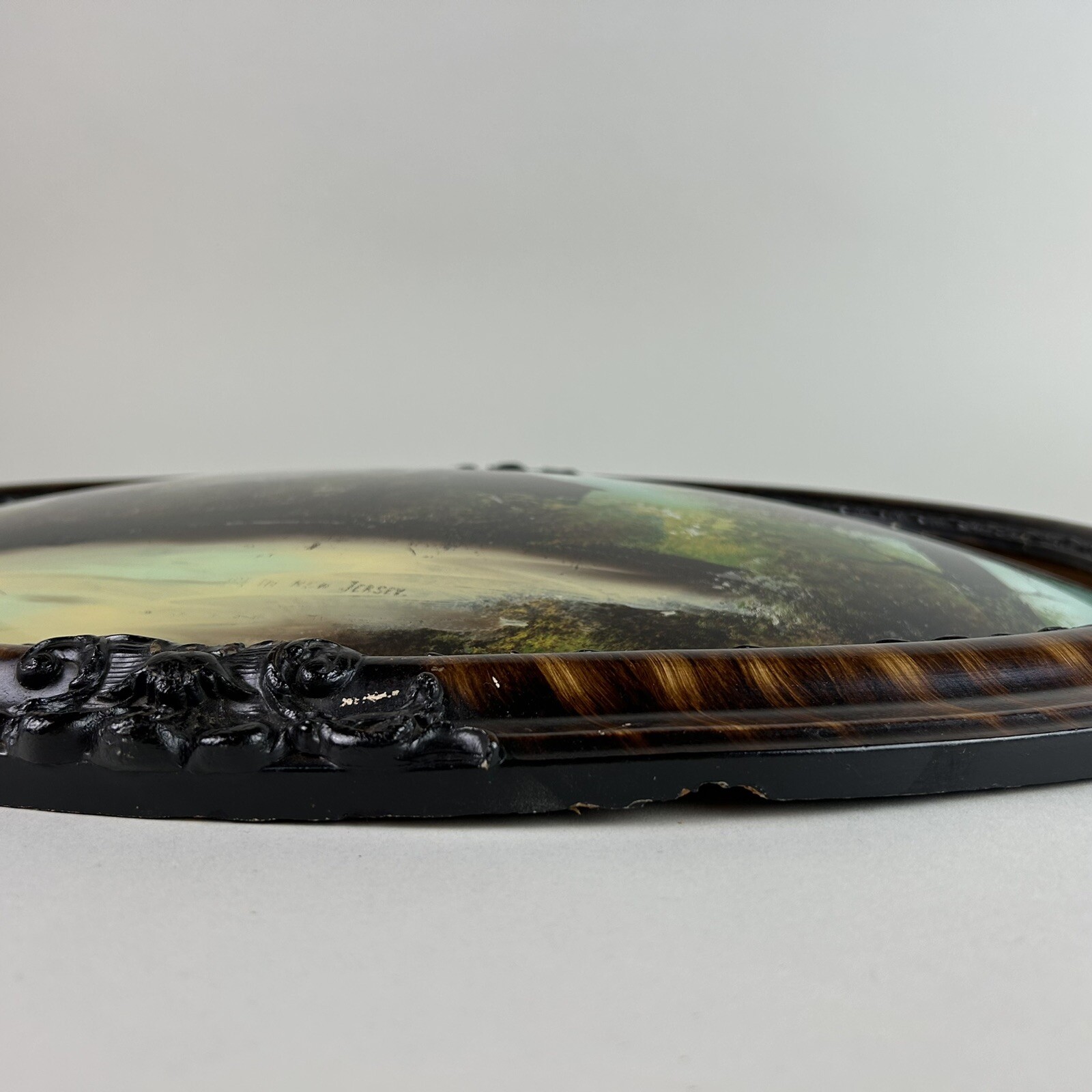 Antique Oval Wood Frame Reverse Painting Convex Farm New Jersey Bubble Glass VTG