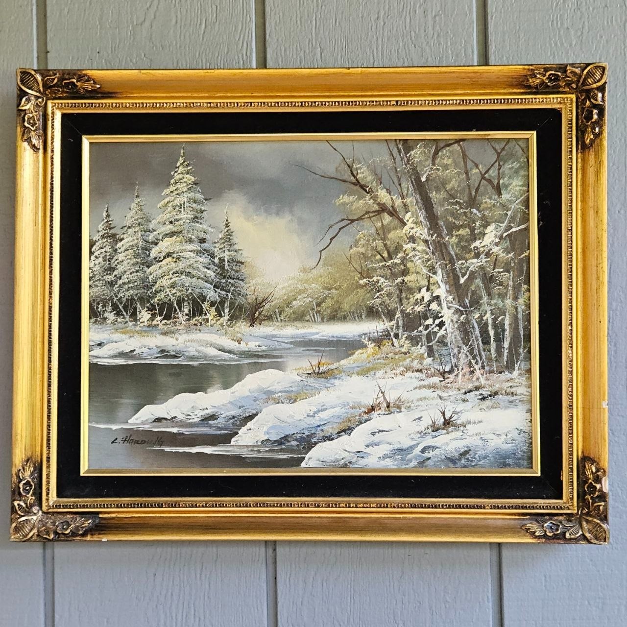 Vintage Signed L. Harding Winter Landscape Oil Painting Framed Snow Scene 24×18