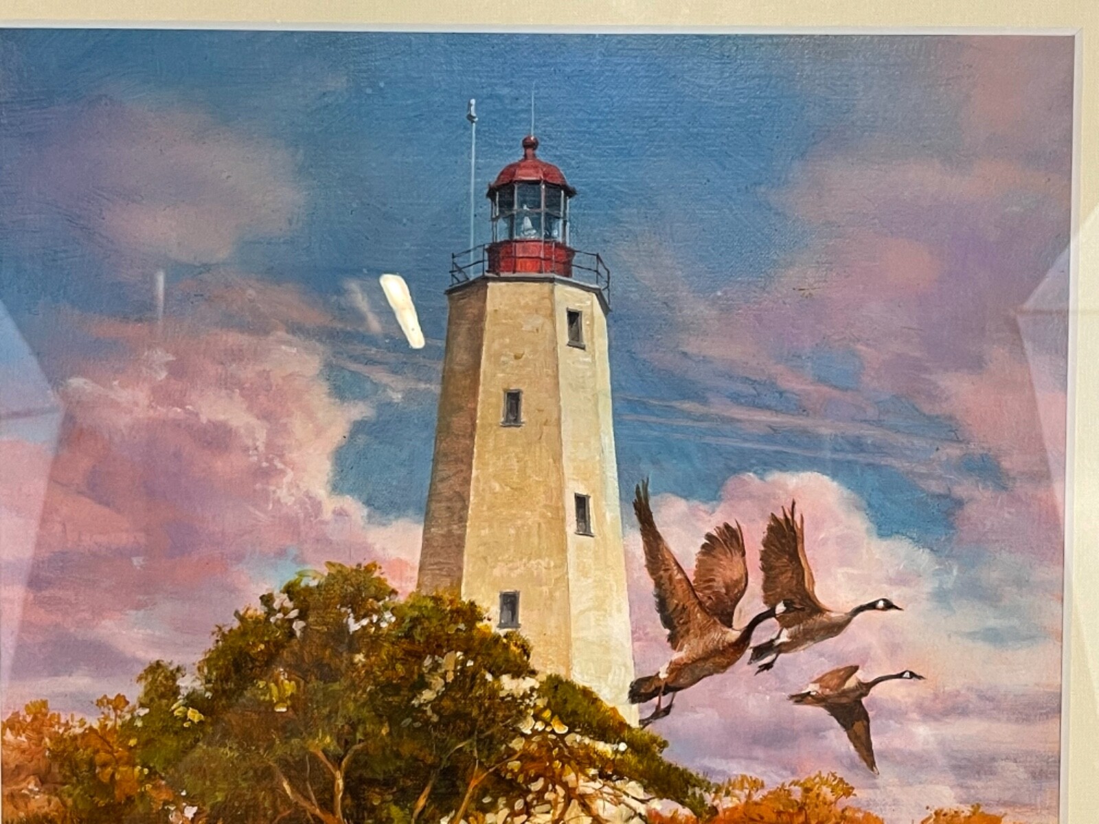 Vintage Sandy Hook New Jersey Lighthouse Framed Painting Signed Lynn
