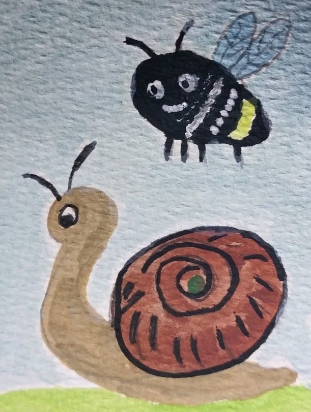 GAT ACEO ATC painting ORIGINAL Whimsical ANIMALS BEE And Snail Illustration