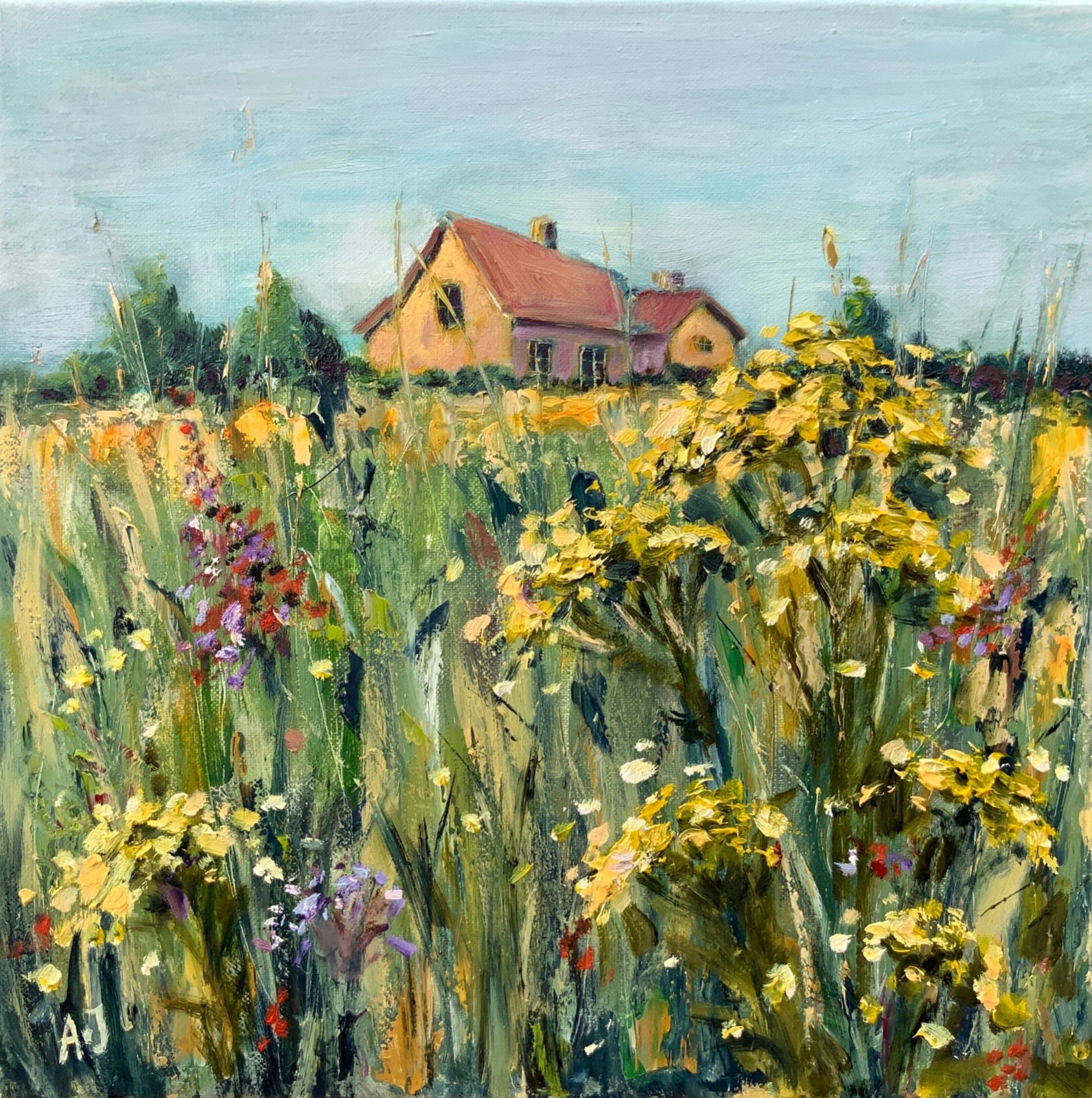 Original Art Impasto Painting Meadow Landscape 16×16″ Countryside Cottage Art