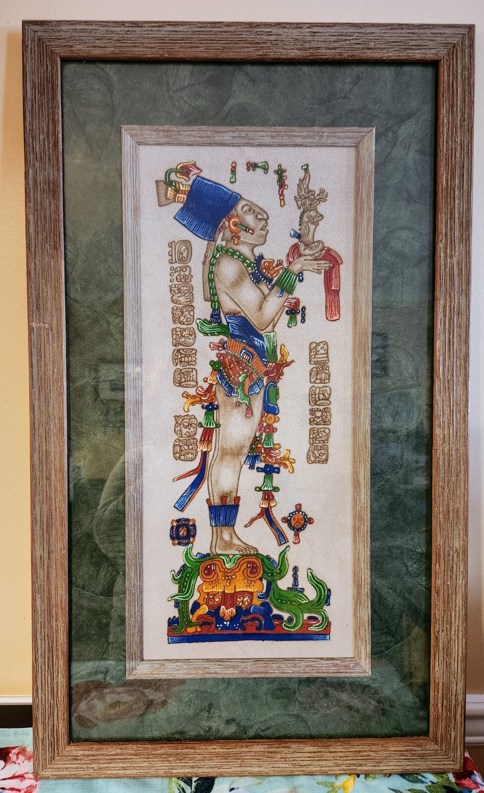 Custom Framed Mayan Pyrography Suede Leather Painting of Chan-Bahlum 16″ x 28″