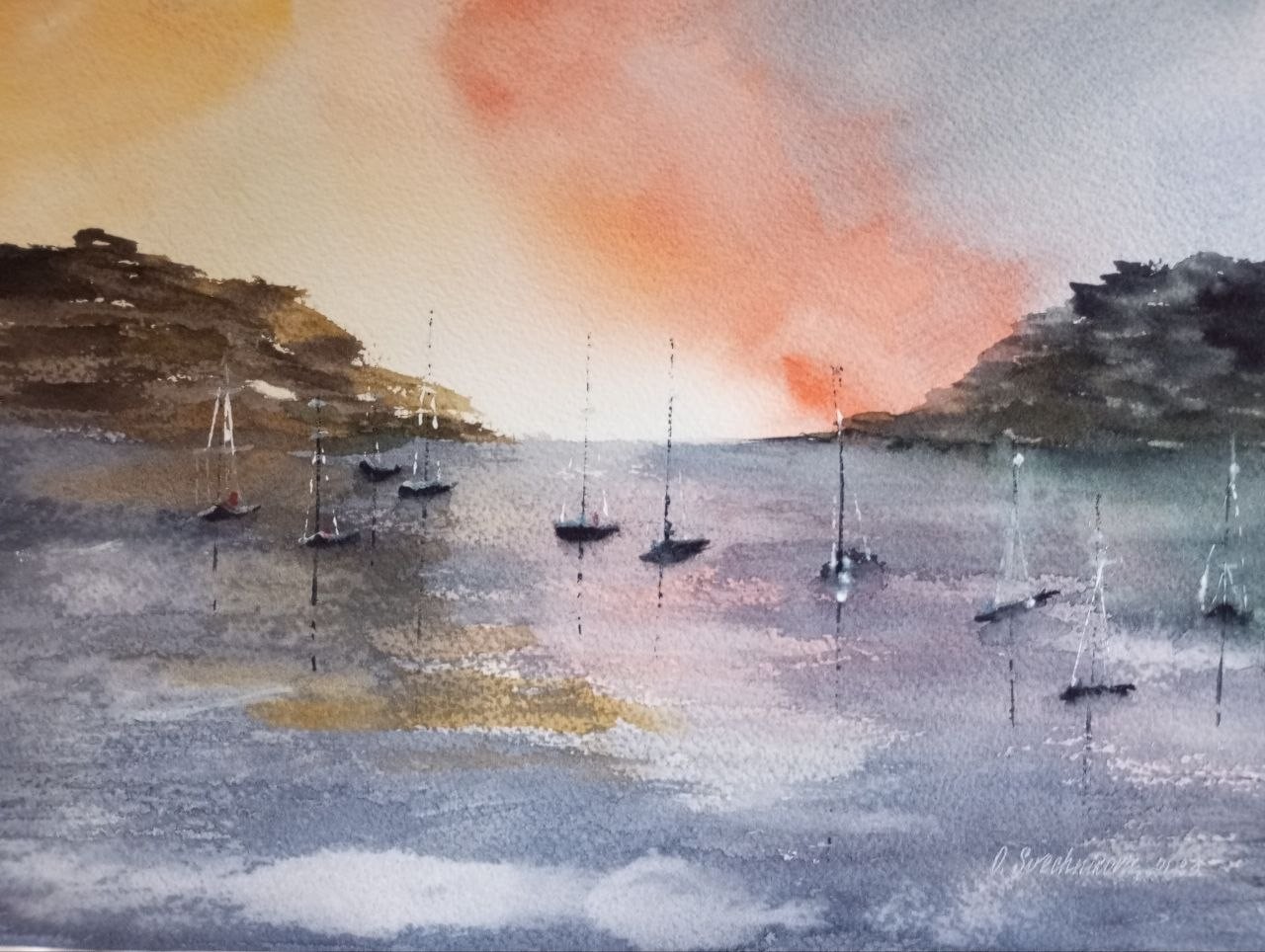 paintinwatercolor seascape quiet harbor sea sailboats beautiful sky sunrisegift